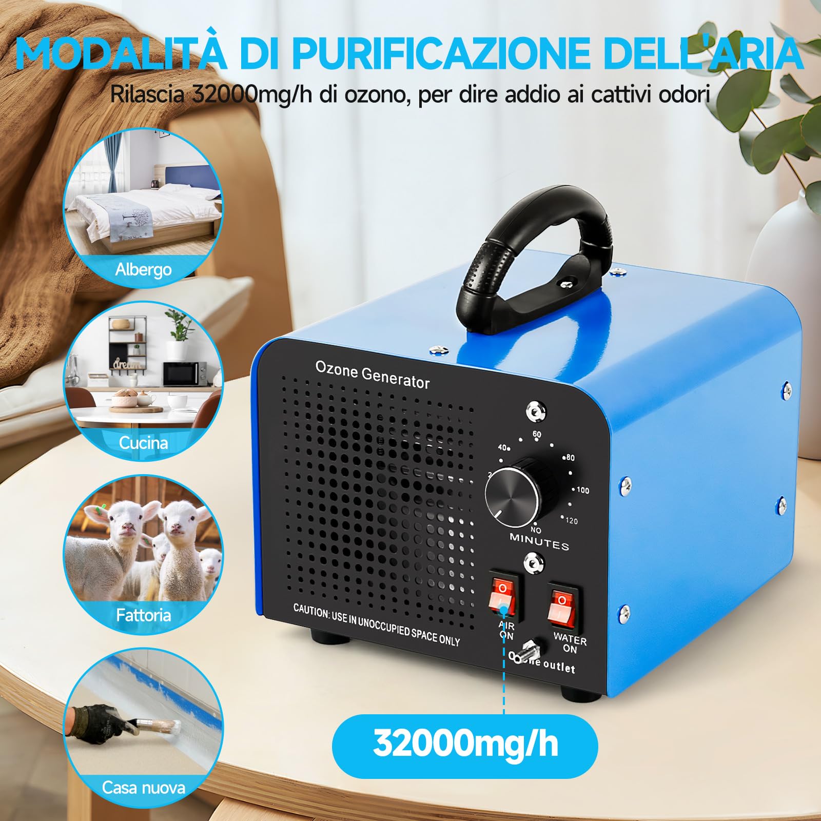 Generatore di Ozono, 32000 mg/h, Purificatore d'aria con 2 Modalità (Aria/Acqua), Ozonizzatore d'aria con Timer da 120 Min, per Stanze, Uffici, Garage, Auto, Fumo e Animali Blu