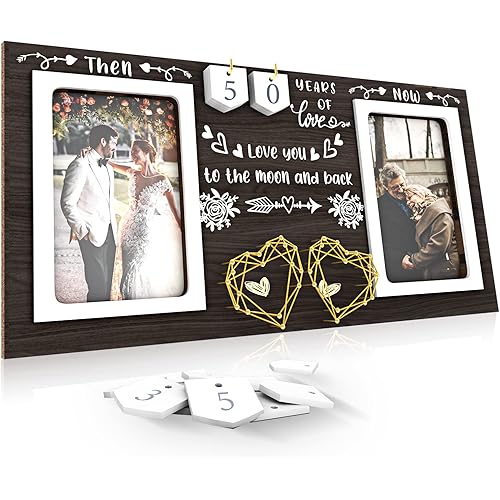 Then & Now Anniversary Picture Frame - 1-99 Years Anniversary Wedding Gift for Couple, Engagement Bridal Shower Gifts for Couples Wood Photo Frame Holds 2 4x6 Inches Photos
