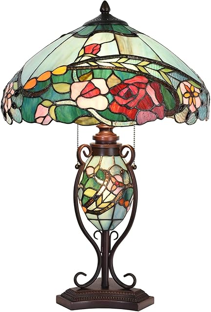 Bieye L30738 Rose Flower Tiffany Style Stained Glass Table Lamp with 16-inch Wide Lampshade Lighted Base, 24-inch Tall