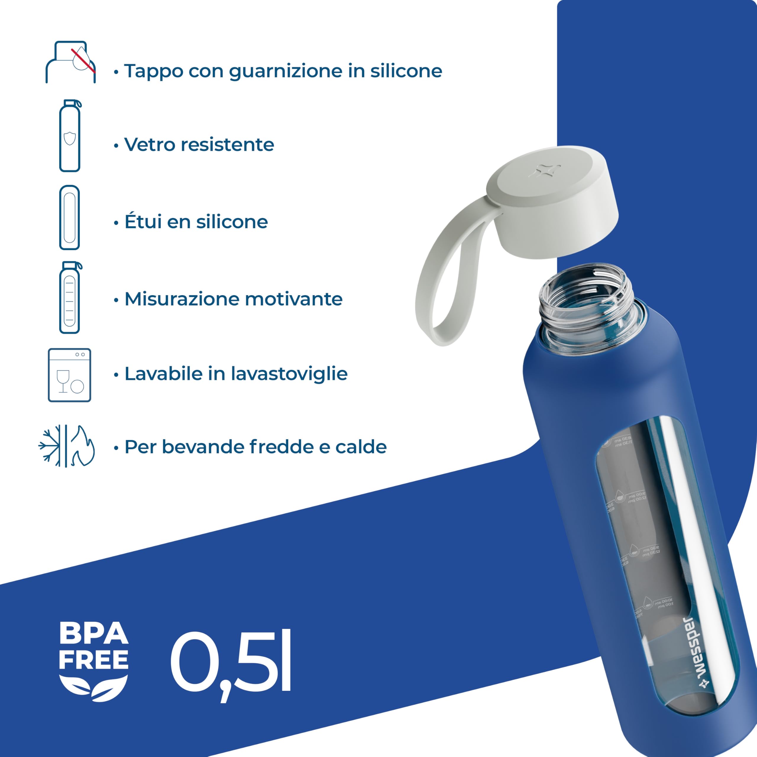 Wessper Borraccia 500 ml, bottiglia motivazionale con scala di idratazione, borraccia in vetro borosilicato con custodia in silicone, materiale sicuro senza BPA – Blu