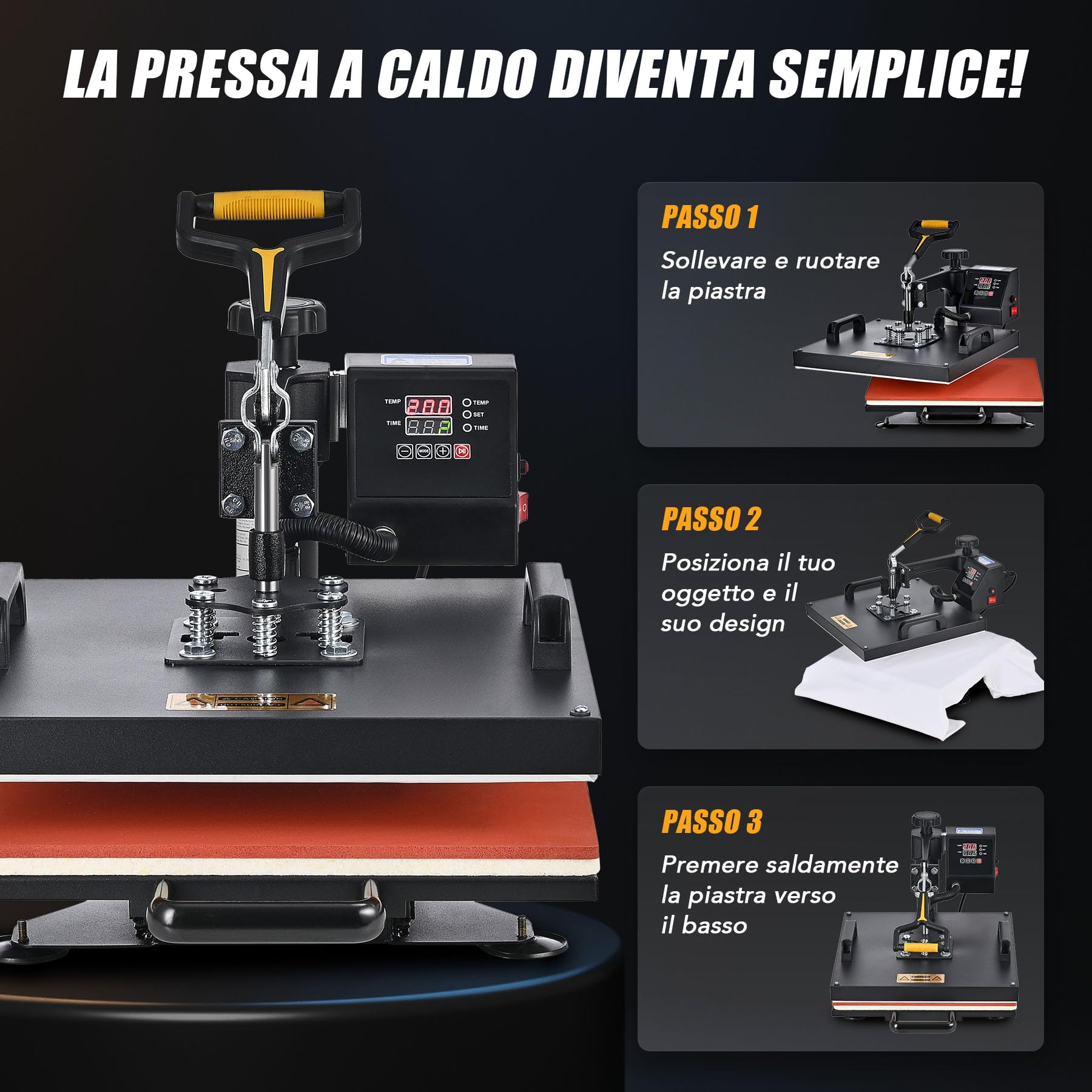 CREWORKS 8 IN1 Pressa a Caldo 38 X 38CM Pressa di Calore 1400W Termopressa Macchina per Sublimazione Digitale Rotazione a 360 Gradi Pressa a Caldo per Magliette Cappellini T-Shirt Tazze Piatti