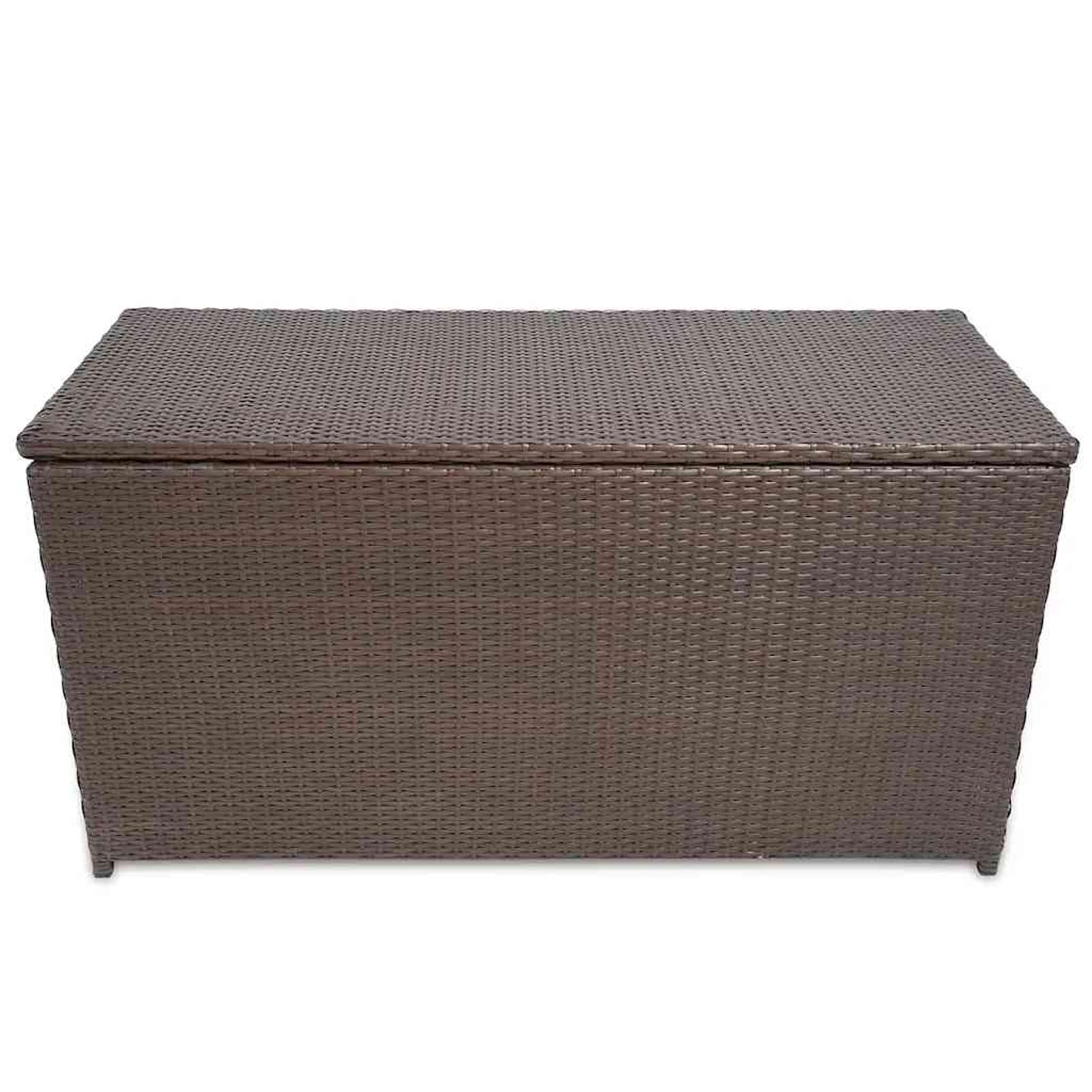Baule da Giardino in Polyrattan Marrone, con Meccanismo di Sollevamento a Gas, 120x50x60 cm, Acciaio Verniciato e Rivestimento in PE, Cassapanca per Cuscini Esterni e Oggetti da Patio per Uso All'Aper