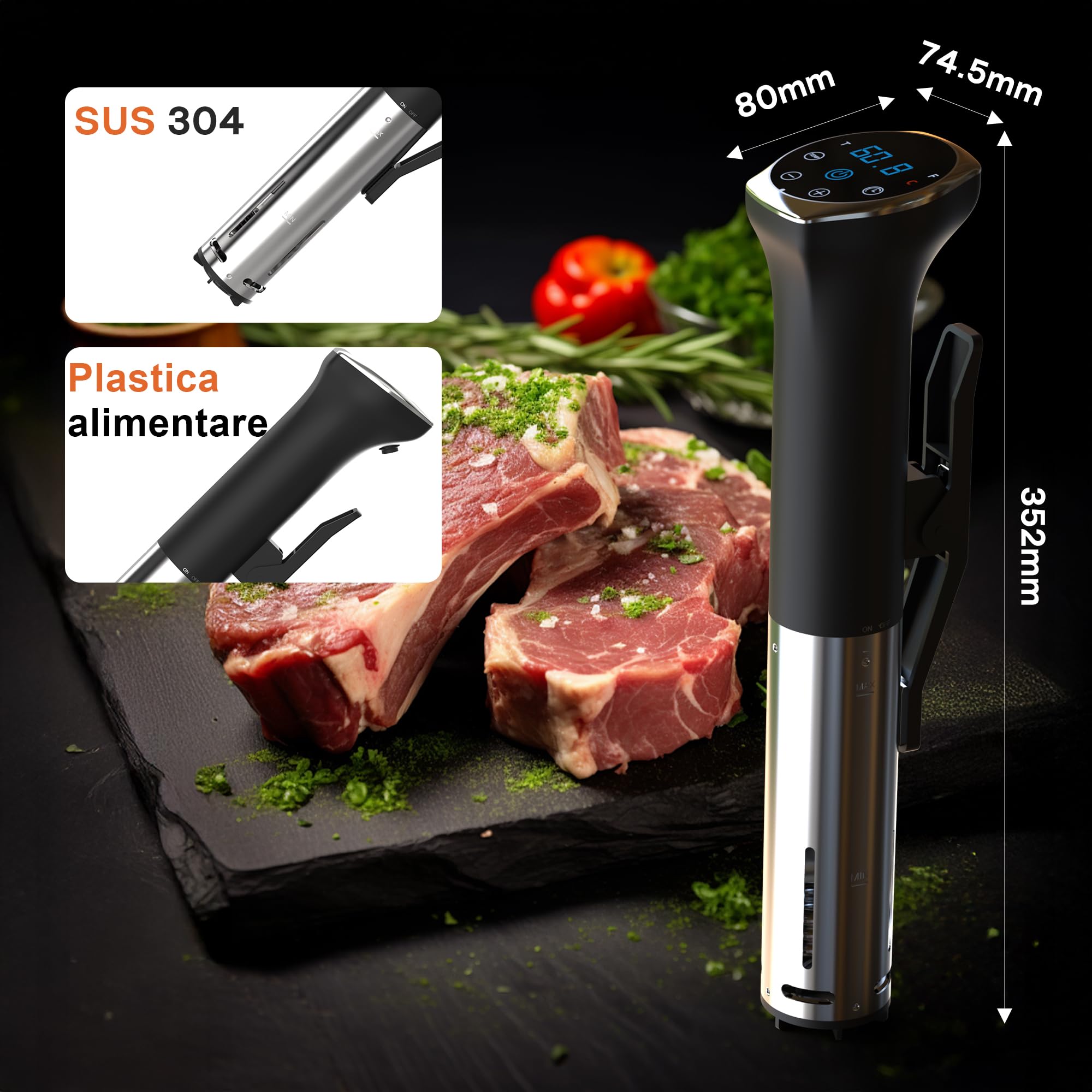 Sous Vide Roner Cucina a Bassa Temperatura Slow Cooker Circolatore IPX7, Touch Screen, Acciaio Inox, 10°C-90°C, 16A