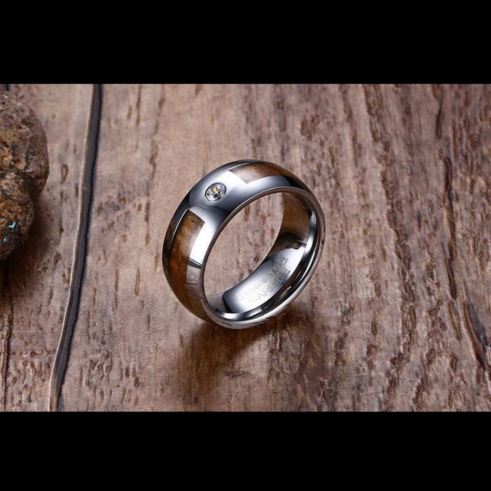 Epinki 2 Stück Pärchen Ketten in Wolfram, Holz Ringe Anhänger Partner Ketten für Sie und Ihn mit Zirkonia Weiß, Silber für Frauen & Männer, Breite 8mm - Herrenkette 60cm, Damenkette 50cm