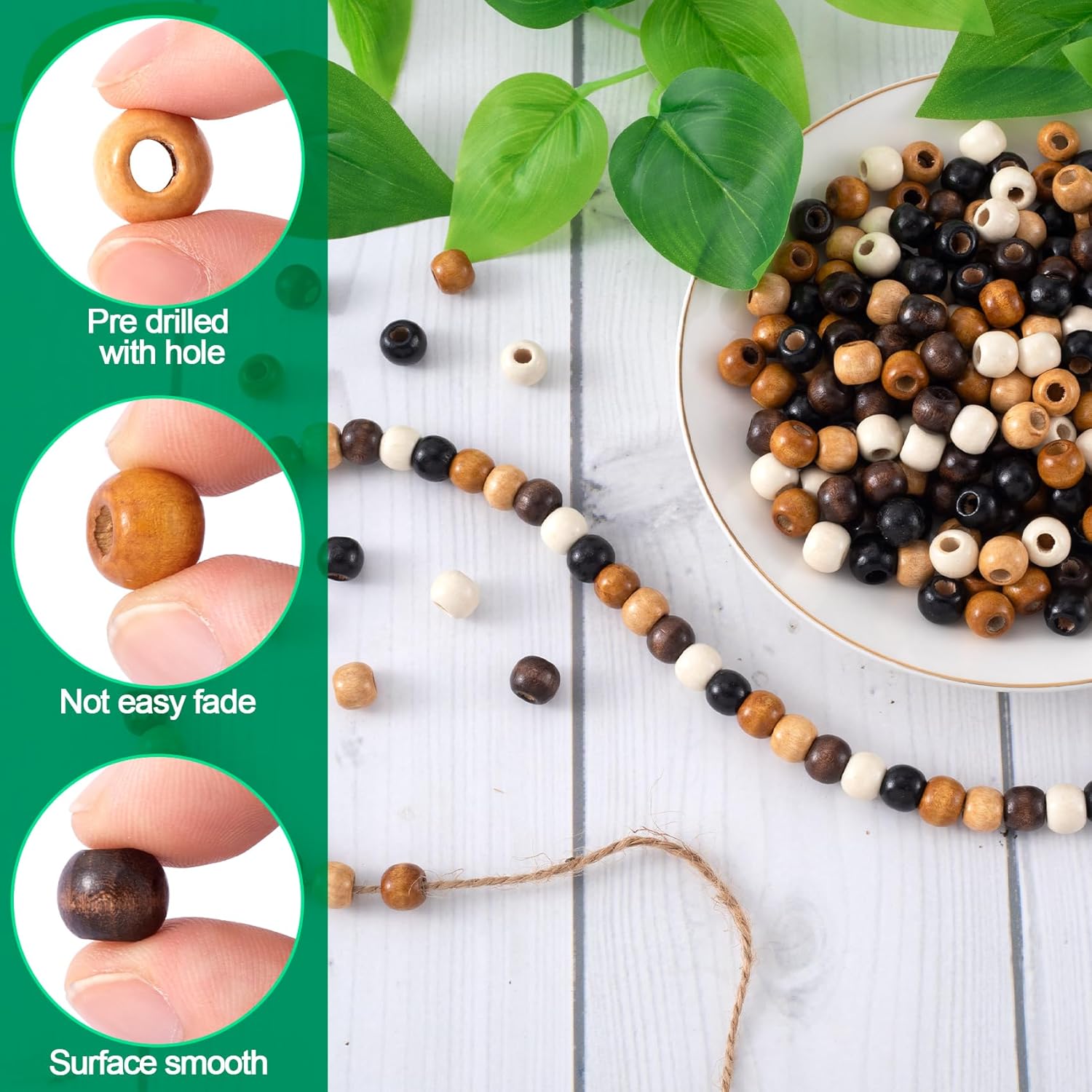 300pcs 9x10mm Wooden Beads, Large Hole Spacer Beads, Vintage Round Wood Beads for Hair Accessories Keychains Buttons Beaded Curtains DIY Crafts Jewelry Making- 5 Colors - Image 3