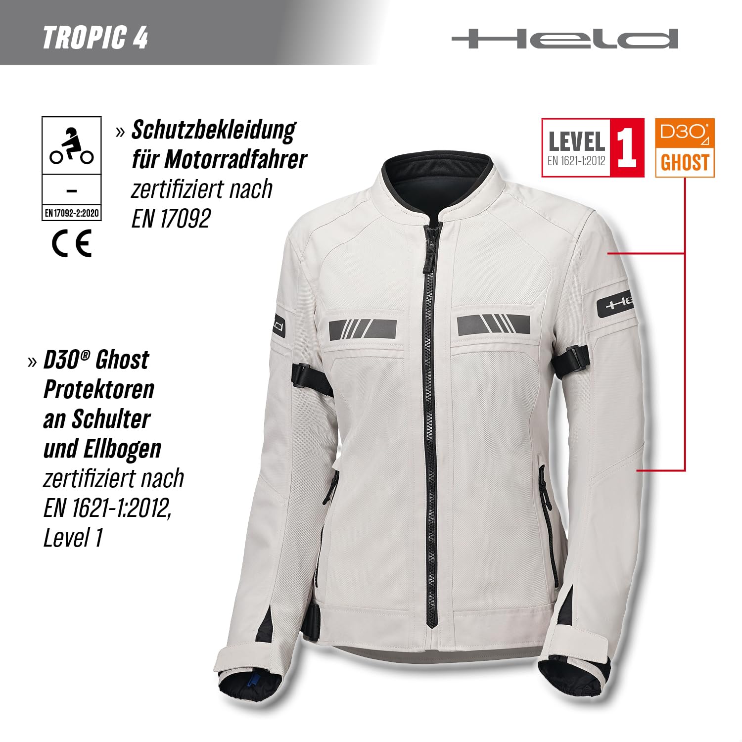 Held Tropic 4 Top Sommer Motorrad Jacke Damen - Sportliche und Luftige Mesh Sommerjacke - Leichte Motorradjacke mit Protektoren D3o Ghost Level 1 - CE Schutzklasse A, Grau, Größe 3XL
