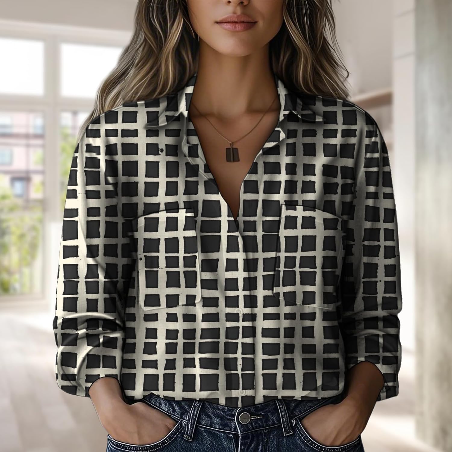 Women 2025 Fashion Tops Business Casual Loose Fitting Shirts V-Neck Blouses Comfort Printed Vintage Clothes - Image 2