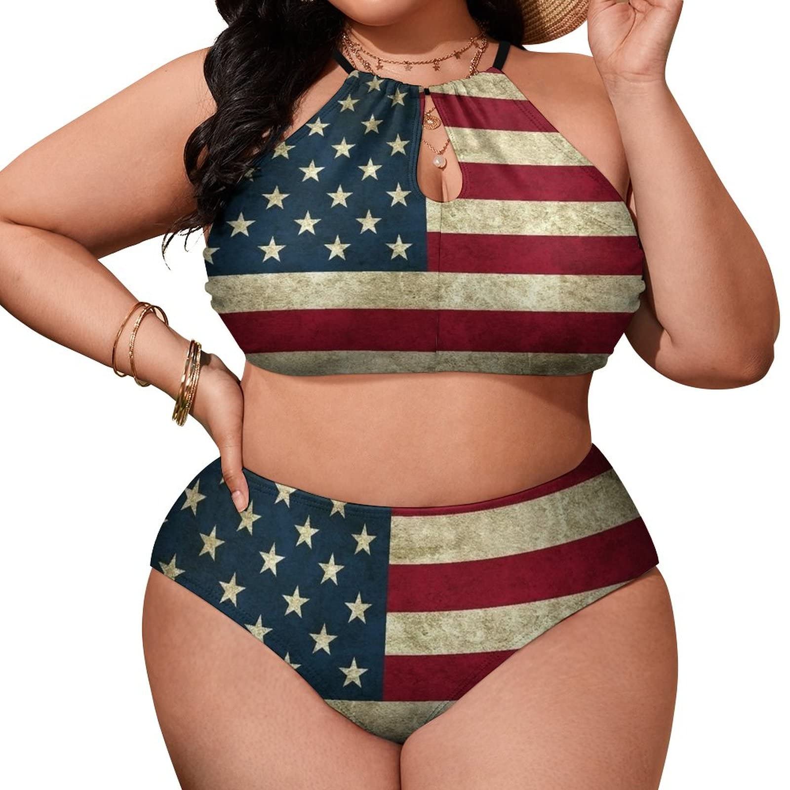 SEPTYK American Flag USA Pattern Women Sexy Bikini 2 PC Plus Size Swimsuits Hollow Out High Neck Bathing Suit 2XL