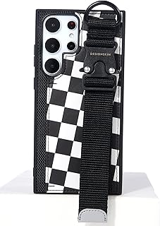 Desgin Skin Strap Case Compatible with S23 Ultra Buckle Hand Strap Case, One Card Slot with D-Ring - Buckle Strap (Checker Board)