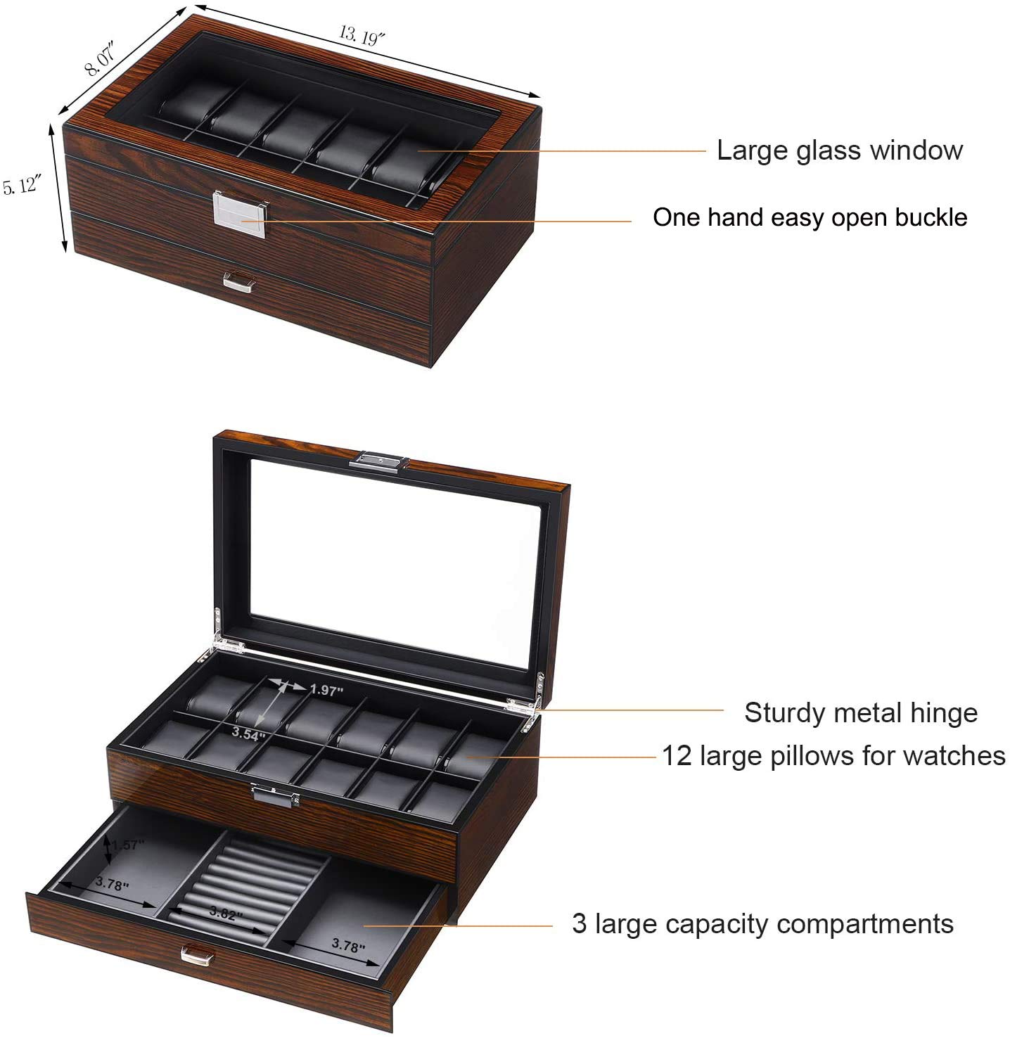 BEWISHOME 12 Watch Box with Valet Drawer, Luxury Watch Case,Watch Organizer for Mens Accessories with Real Glass Top,Metal Hinge, Brown SSH02Y