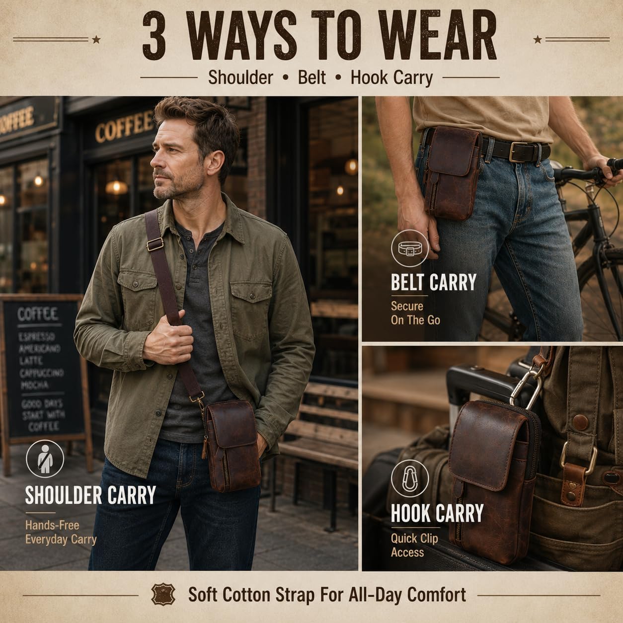 Top Grain Crazy Horse Leather Phone Holster Waist Pouch with Belt Clip Belt Loop Shoulder Strap, Mini Crossbody Cell Phone Purse for Men, Belt Bag for Travel, Outdoor, Daily Use (Coffee)