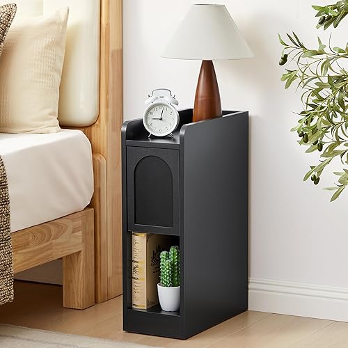 Mesita de noche estrecha, mesita de noche delgada con borde elevado, cajón arqueado y estante abierto, moderna mesa auxiliar pequeña de madera para