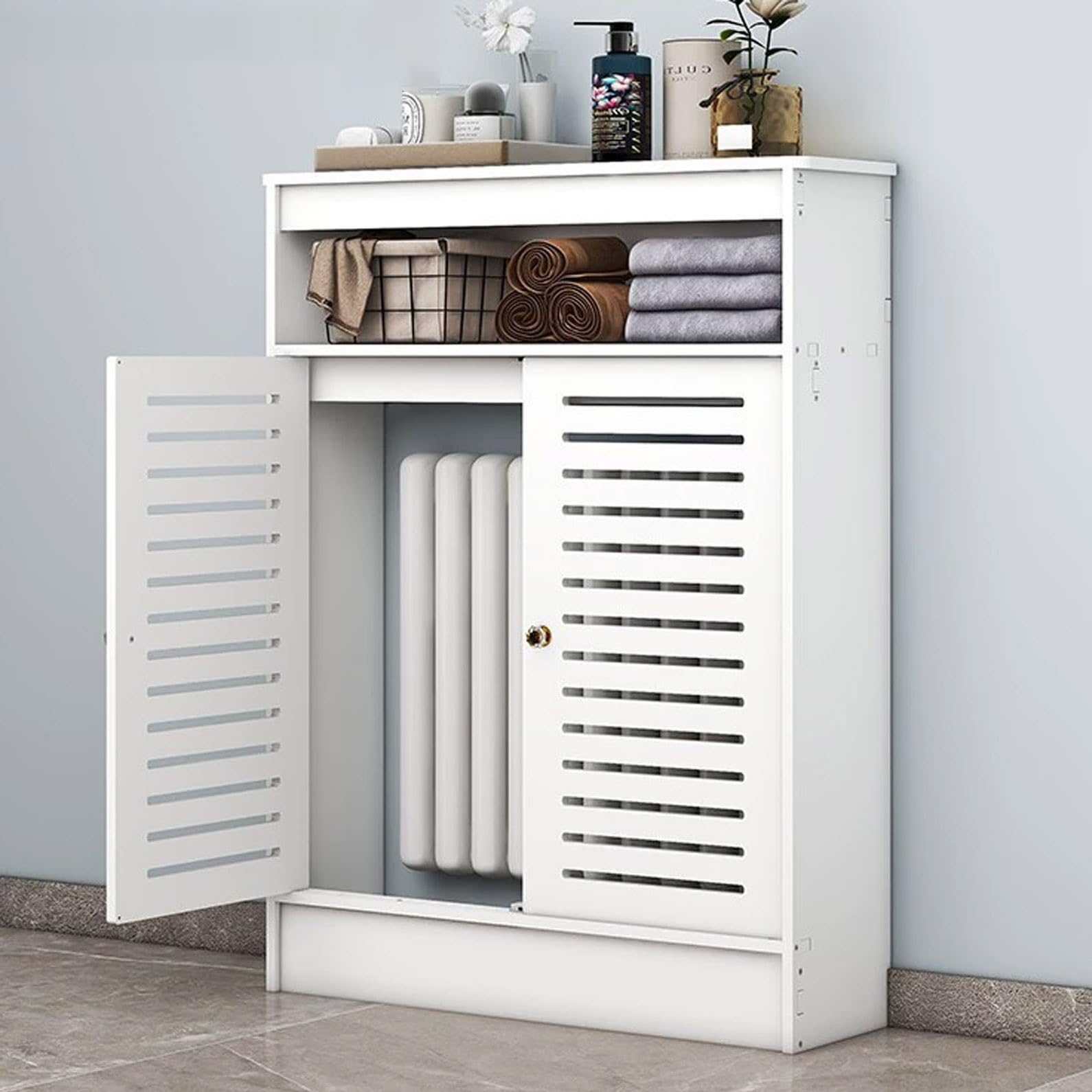 Gabinete de suelo blanco con puertas de persiana de 35.4x39.3x9.8 pulgadas