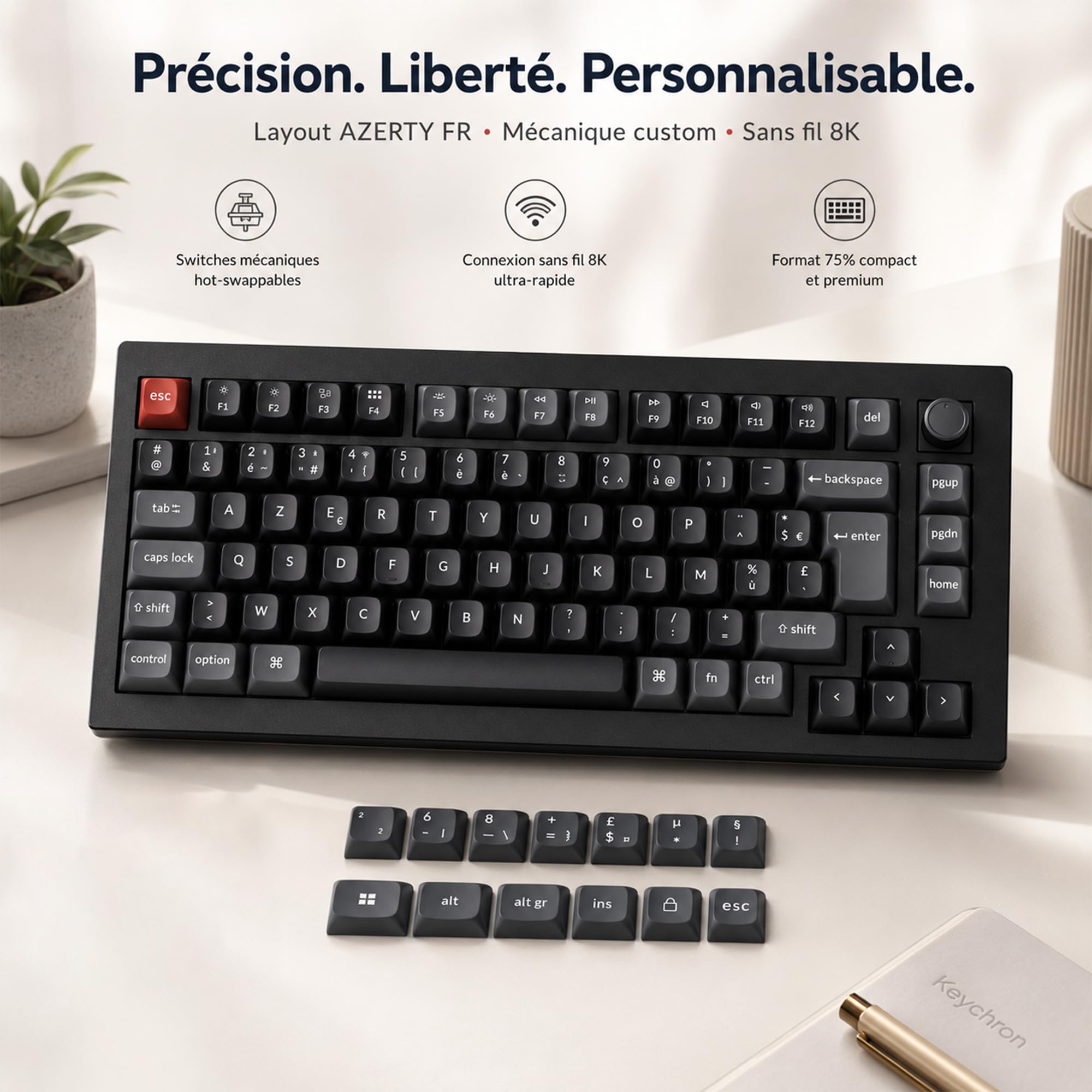 Keychron V1 Ultra 8K Clavier Mécanique sans Fil 75% Compact, 2.4GHz/Bluetooth 5.3/USB-C, Touches PBT OSA, RGB Personnalisable, Switches Marron Pom Hot-Swap pour Mac/Windows/Linux (Disposition AZERTY)
