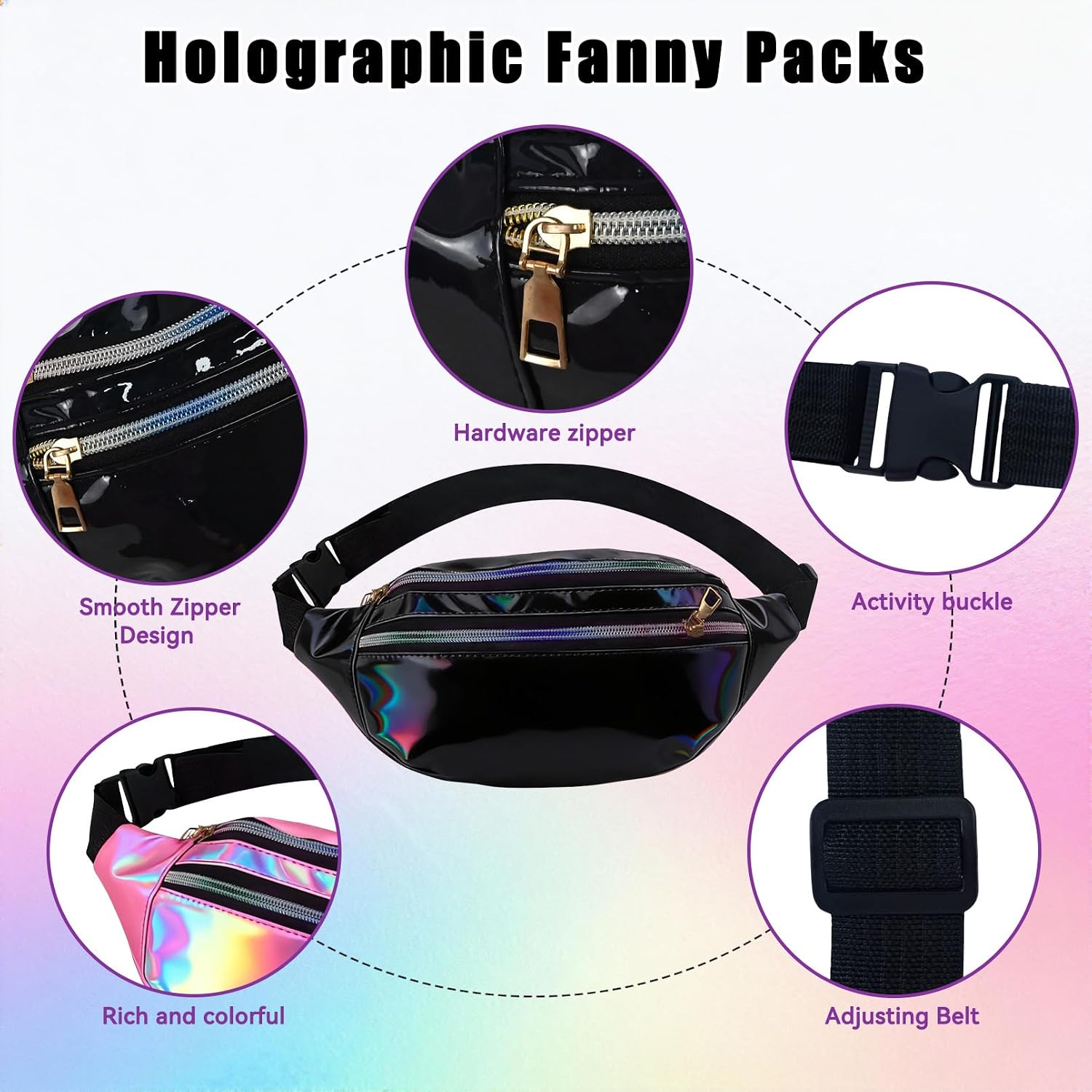 3 Pieces Holographic Fanny Pack,Shiny Belt Bag with Adjustable Strap Waterproof Waist Bag for Men Women,Zippered Pockets,Fashion Cross Body Bags Phone Bag for Travel Sports Running Workout