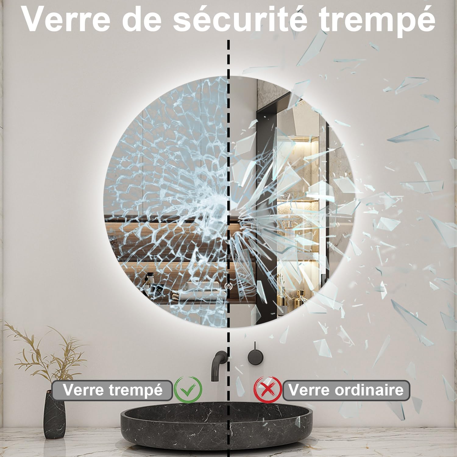 AICA Miroir de Salle de Bain Lumineux Rond 70cm avec Dimmable, Miroir LED Mural