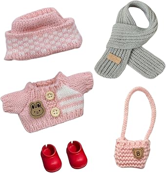 5 Pcs-17cm Doll Rabbit Bunny Clothes Autumn Spring Sweater ,Winter Warm Sweater+Hat+Scarf+Hand Bag+Shoes,Fashionable Outfit for Dress up, Doll Costume Cosplay Fashion Dresses -Pink