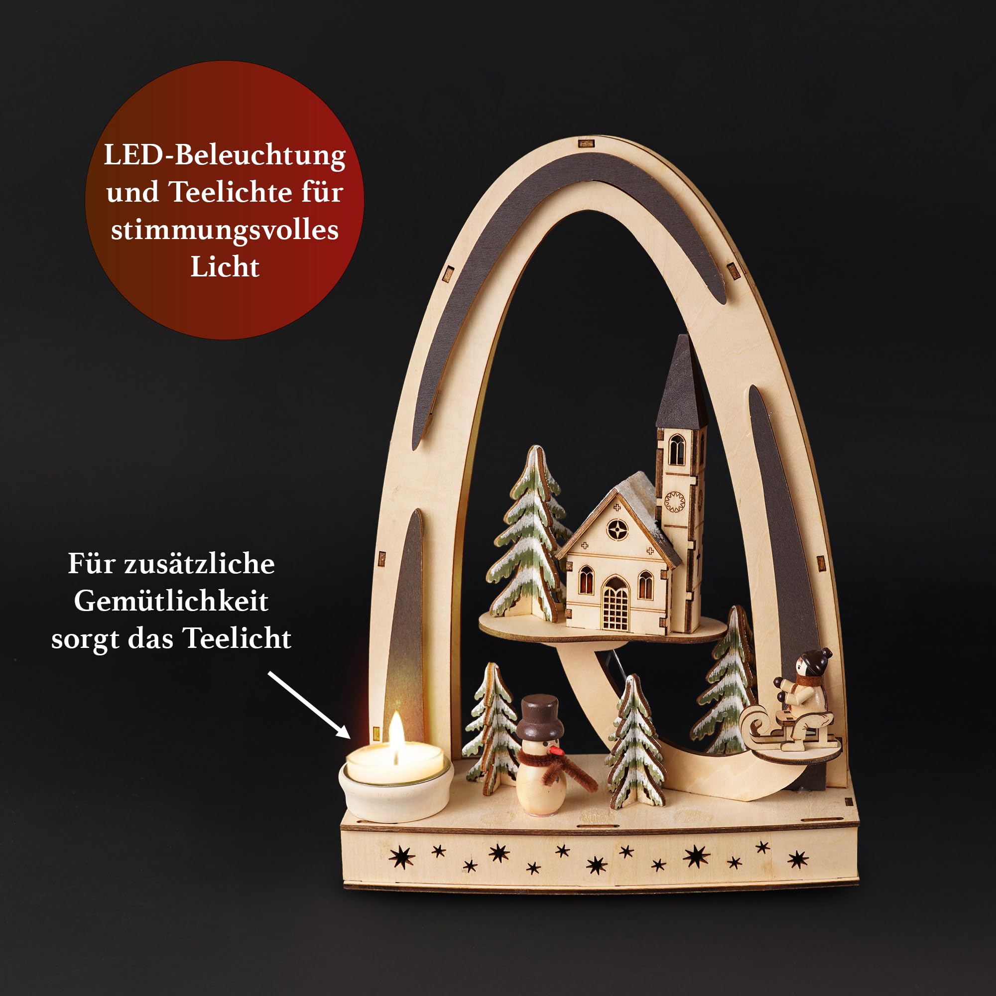 HGD - LED Lichterbogen mit Motiv „Winterkind und Schneemann“ - Weihnachtsdeko mit LED-Beleuchtung & Teelichthalter - Fensterdeko für die Adventszeit mit 6h Timer, 23 x 33 x 10 cm