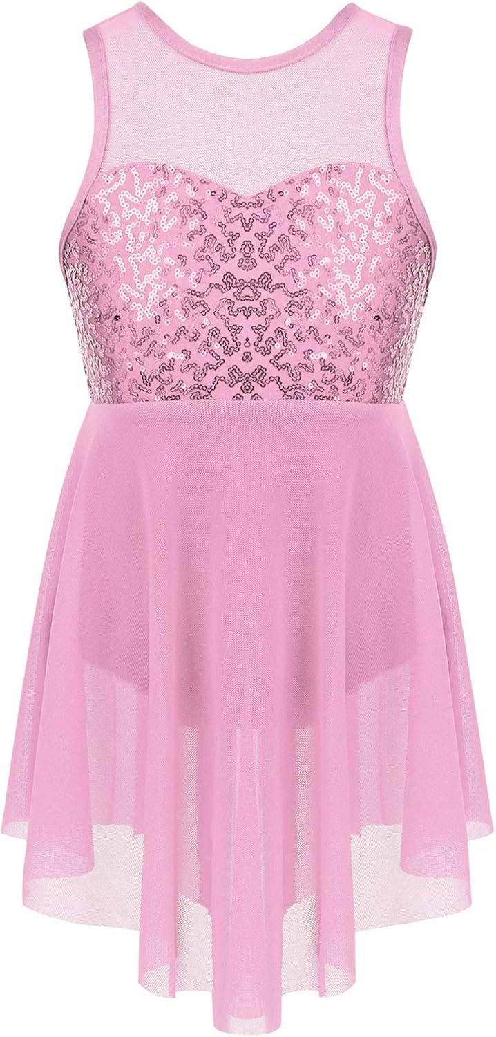 iiniim Kids Girls Modern Lyrical Dance Costumes Dress Sleeveless Sequins Criss-Cross Back Ballet Leotard Irregular Hem Dress