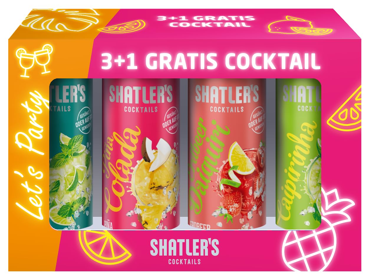 Shatler's Partypack | 3+1 Gratis | Fruchtig-spritzig | Piña Colada + Caipirinha + Mojito + Erdbeer Daiquiri | 4 x 250ML | 10,1%