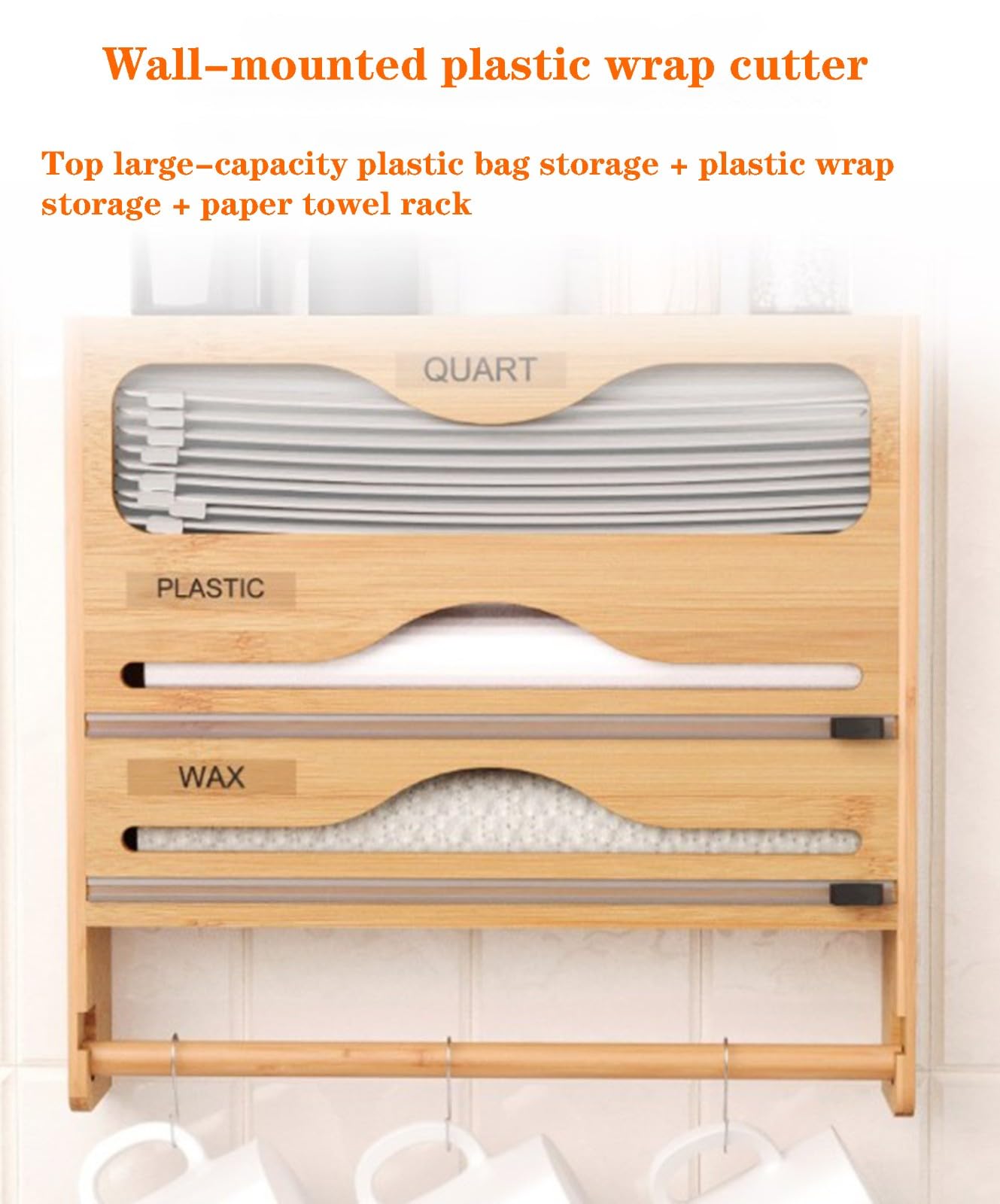 Dispenser e taglierina per alimenti in bambù, 5 in 1, pellicola in plastica da parete, bancone della cucina e porta sacchetti per congelatore, perfetto per soluzioni di conservazione degli alimenti