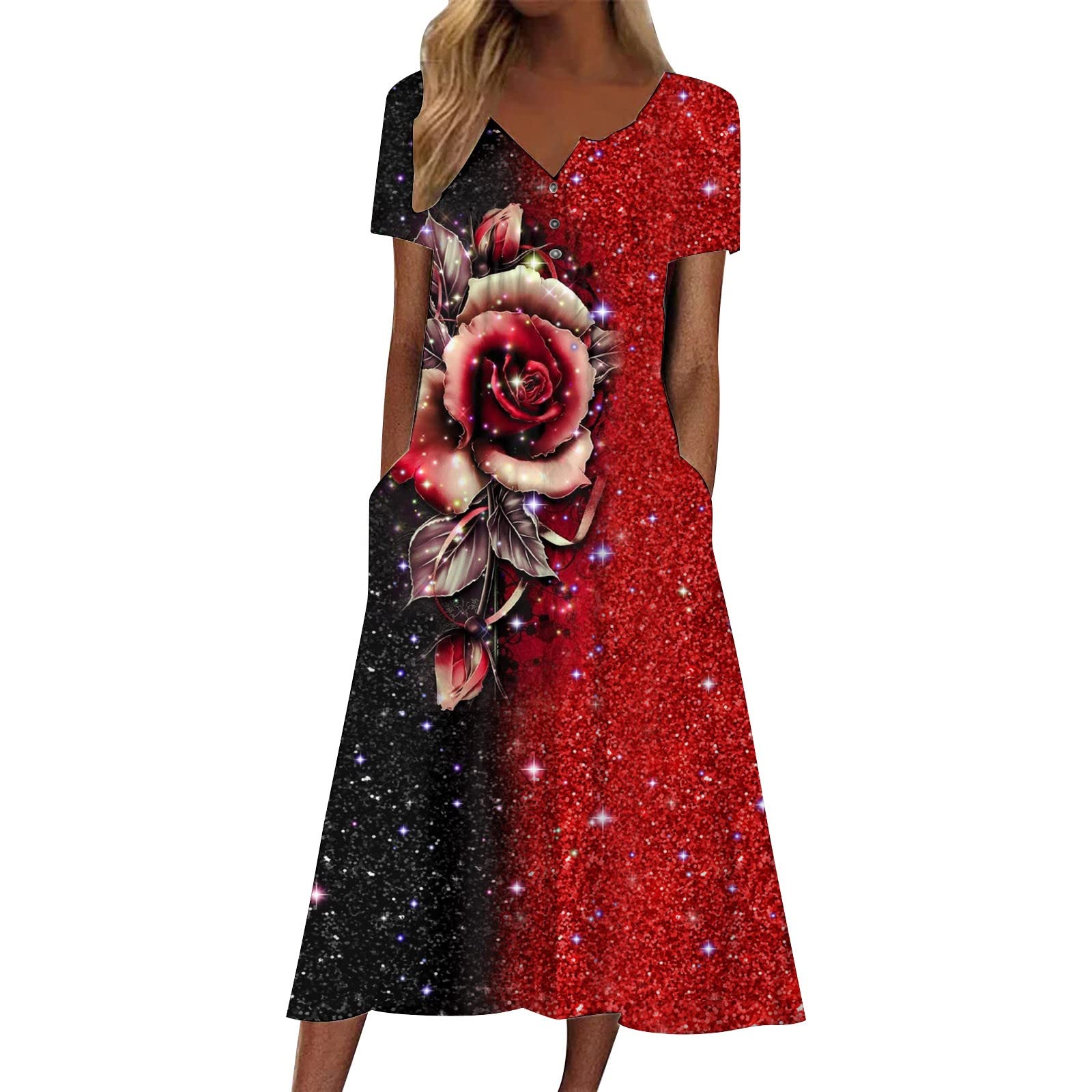 Women Summer Casual Short Sleeve Floral Print Small V Neck Button Loose Dress Boho Beach Treval Dress Plus Size Dresses