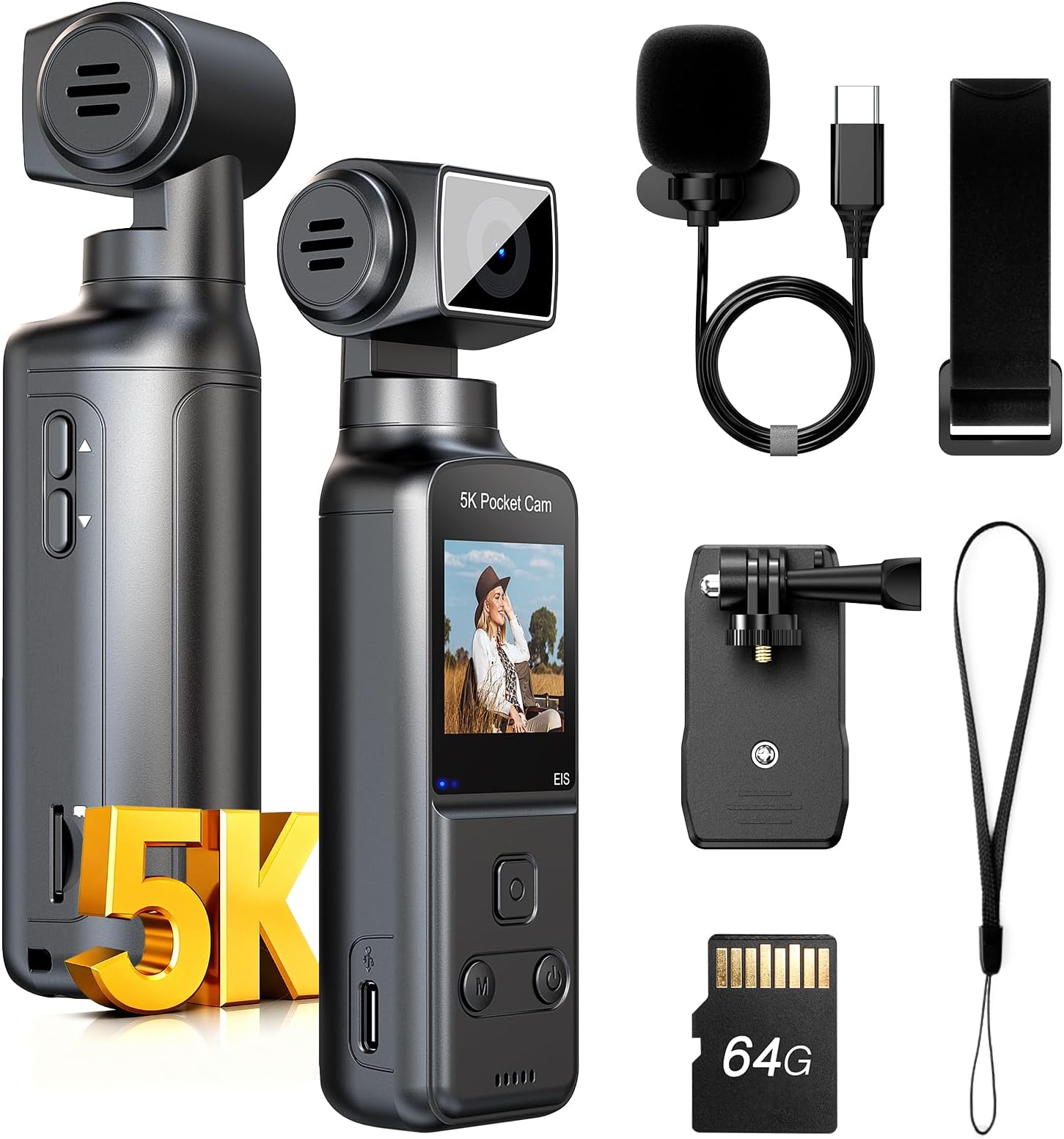 BOBLOV 5K W5 Body Camera, 64GB Mini Action Camera with External Microphone, 270° Rotate Lens, Camcorde for Video Recording, Clip/Strap Options, EIS Stabilization for Meeting, Vlogging, and Daily Use