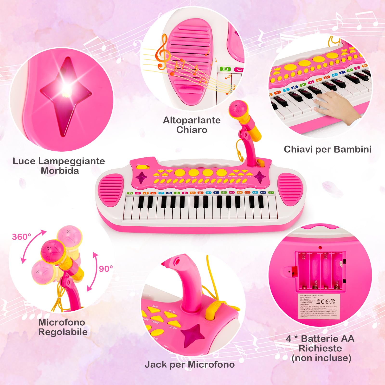GYMAX Pianoforte Elettronico Giocattolo con Sgabello e Microfono, Tastiera da Pianoforte a 31 Tasti per Bambini, 22 Demo, 3+ anni, 45 x 23 x 45 cm (ROSA)
