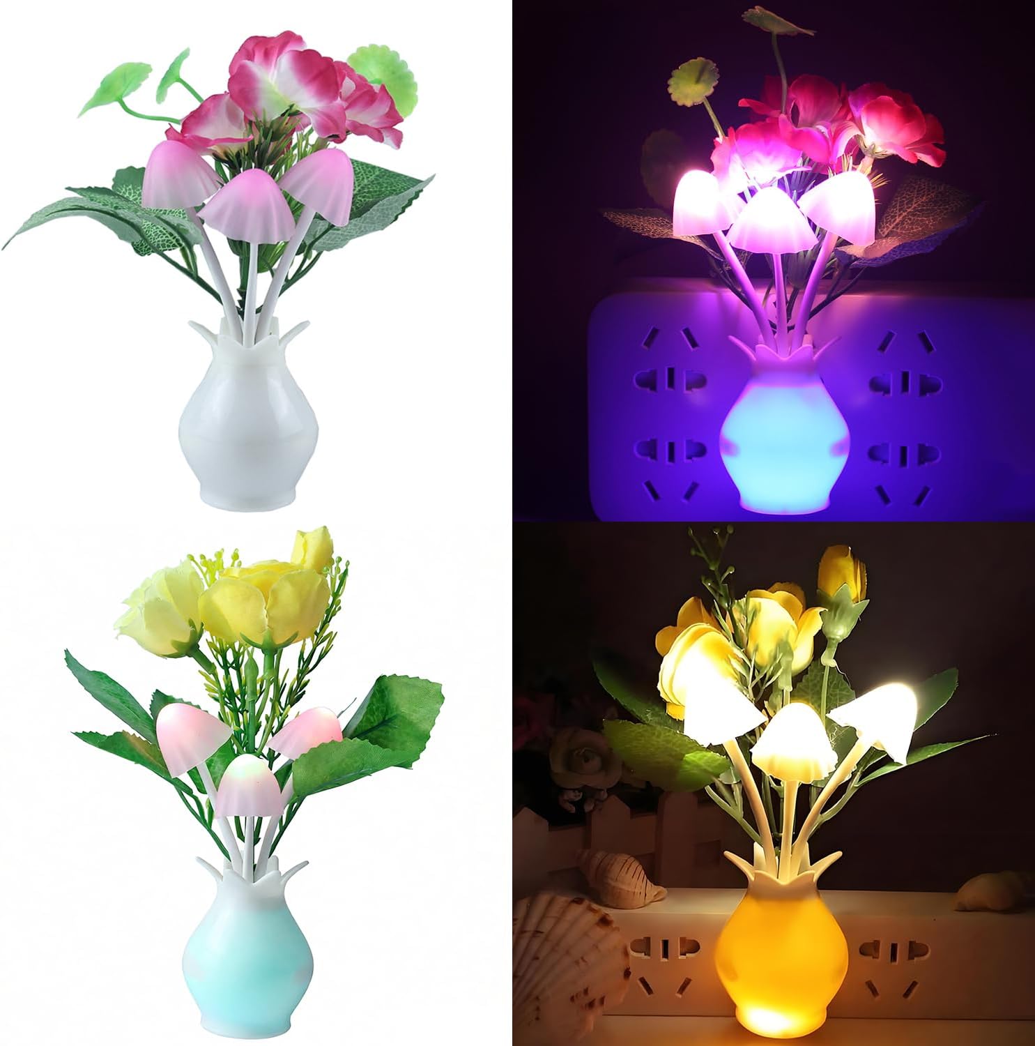 4 Pack Mushroom Night Light, Plum Blossom Rose Flowers Plants Plug-in Mushrooms Colors Changing Nightlight Colorful LED Wall Lamp Little Night Lights for Bathroom Bedroom Corridor Nursery