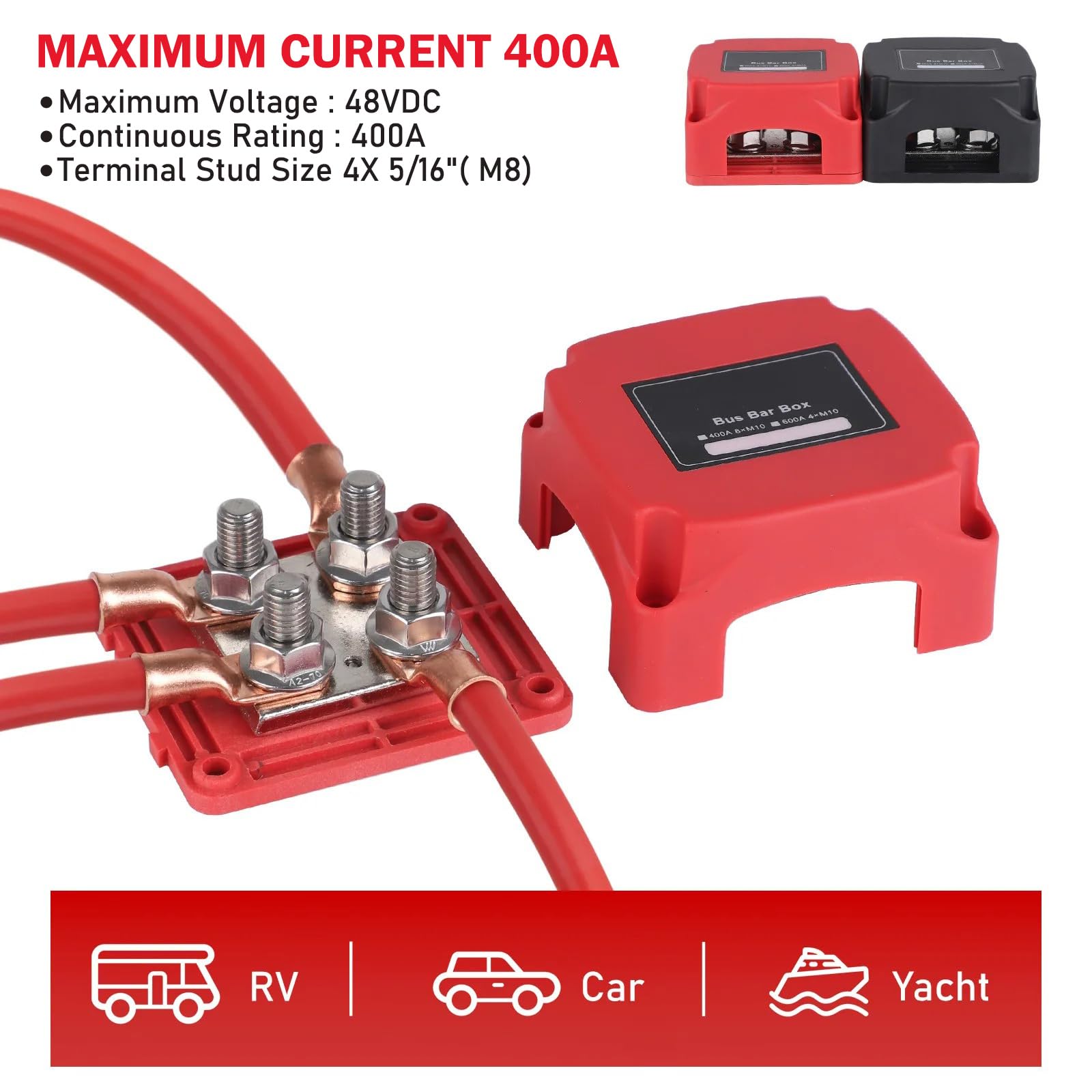 400A Blocco di Distribuzione Dell'alimentazione 12V-48V, 4xM8 (5/16'') Busbar Distribution Block, Morsettiera di Alimentazione per Camper Auto Camion Barca Rosso e Nero 2 pezzi