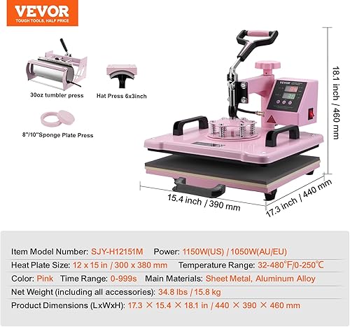 Miniatura 7 de VEVOR Máquina de prensa de calor 5 en 1 combinado con prensa de vasos de 30 onzas y prensa de sombreros, máquina de sublimación de prensa de calor