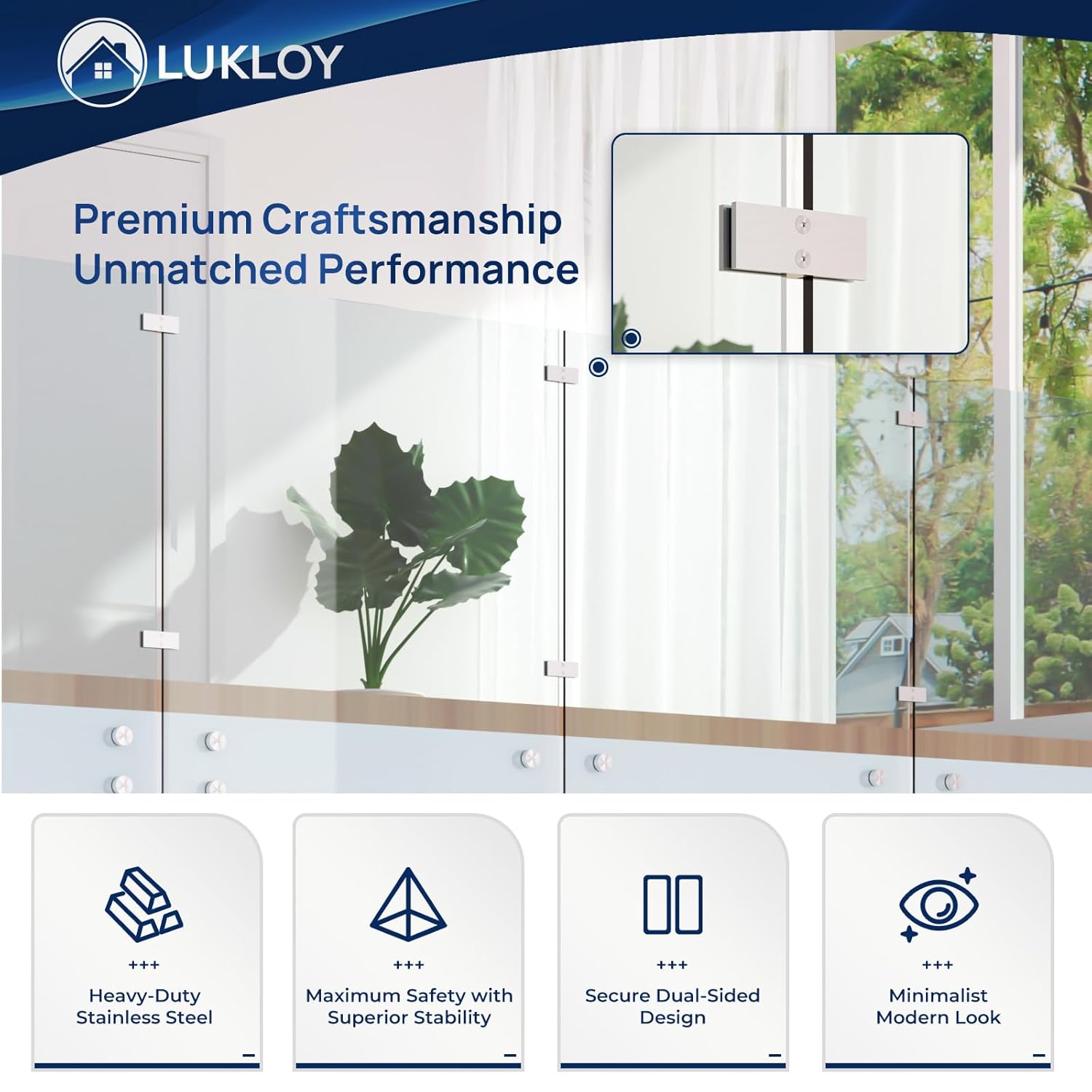 LukLoy Railing Glass to Glass Clamp, Stainless Steel 304 Bracket for Glass Balustrade Railing Pool Fence (4 Pieces 180°)