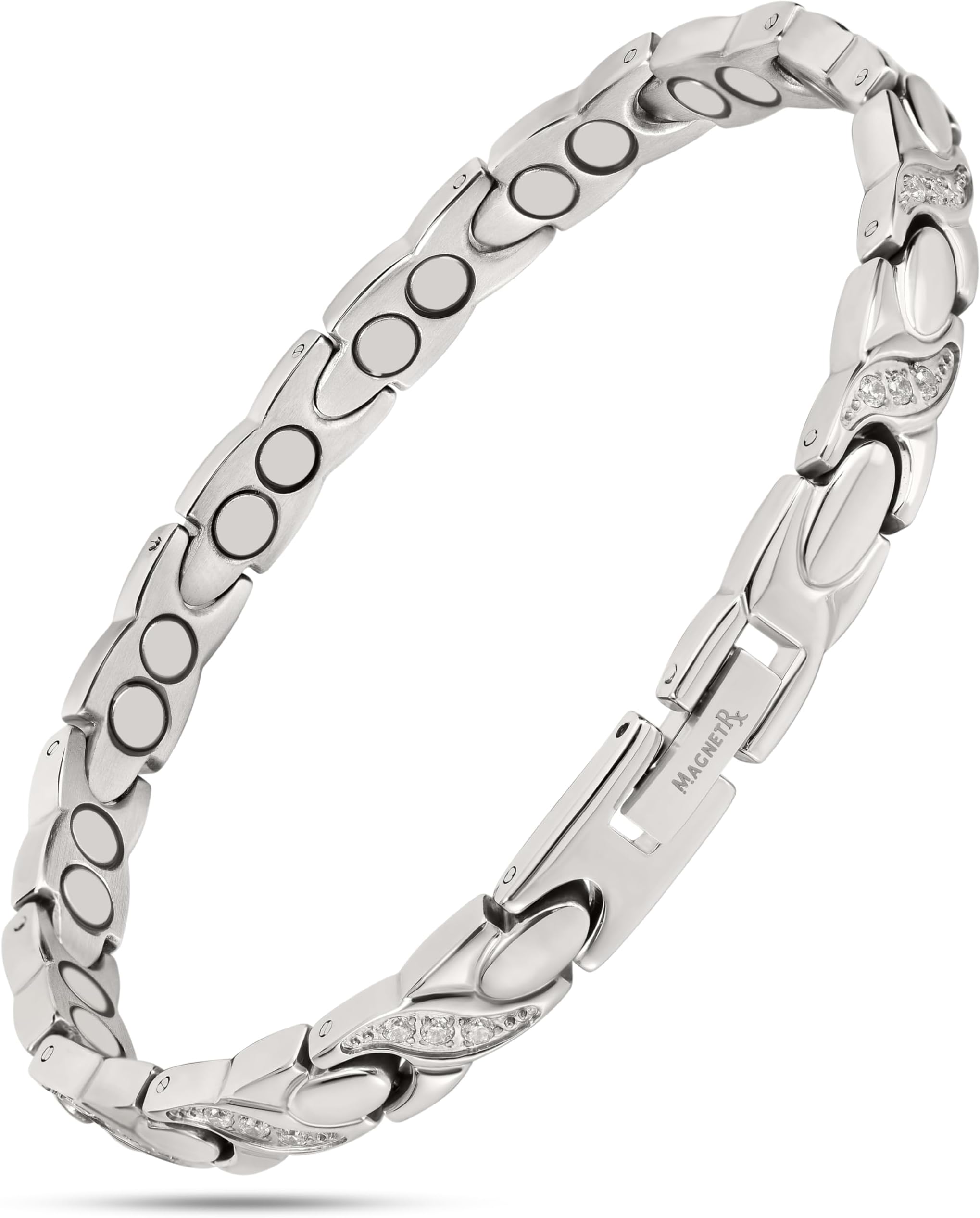 – MagnetRX® Ultra Strength Magnetic Bracelets for Women – Double Magnet Stainless Steel Crystal Bracelet for Women – Adjustable Bracelet Length with Sizing Tool (Silver)