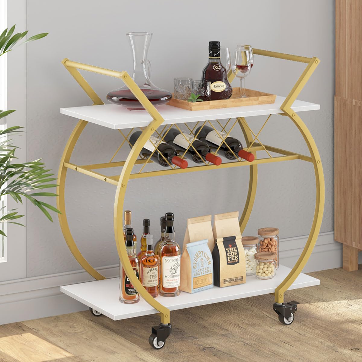 LVB Modern Bar Cart, Industrial Rolling Serving Wine Cart, White and Gold