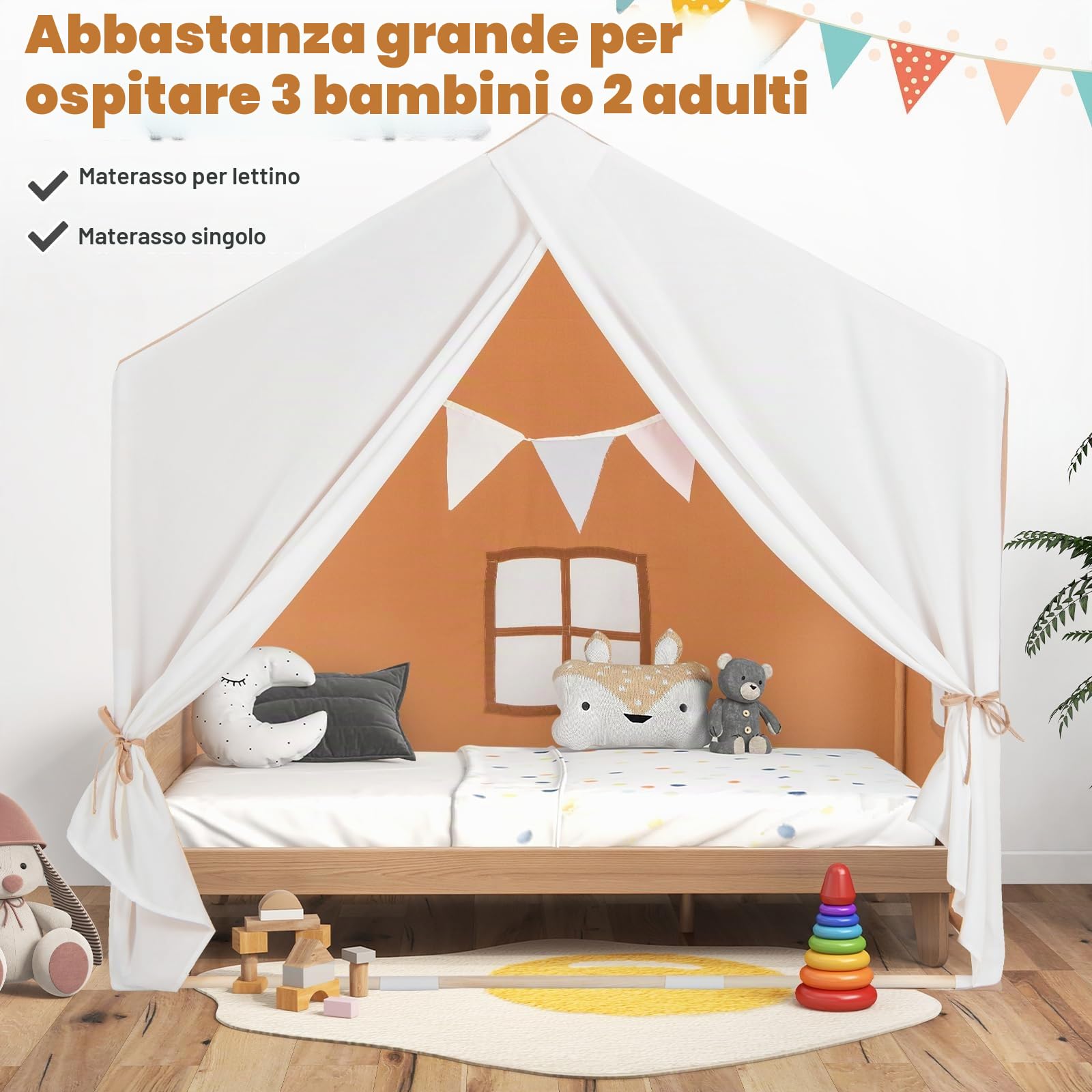 HOMASIS Tenda per Bambini da Interno, Tenda Gioco con Tappetino e Bandiere, Casa da Gioco con Struttura in Legno, Tendina Principessa Cameretta per Ragazze e Ragazzi dai 3+ Anni in su (Marrone)