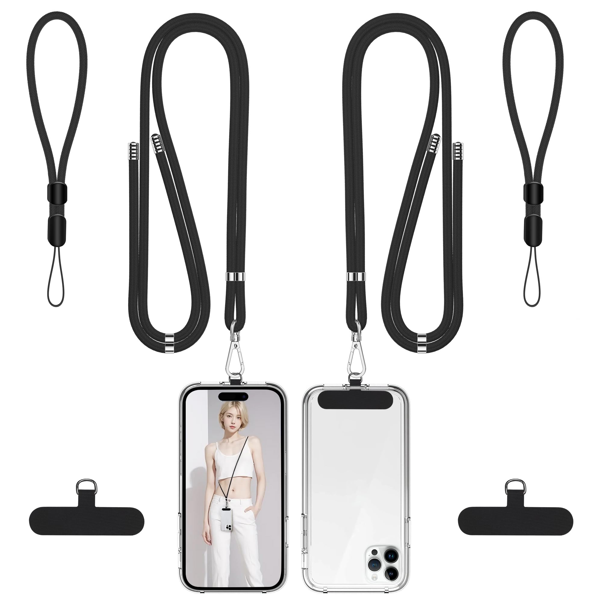 takyu Phone Lanyard, 2 Pack Soft Nylon Neck Strap Universal Cell Phone Lanyard and 2 Pack Phone Wrist Strap with Durable Pads for Most Smartphones-Black