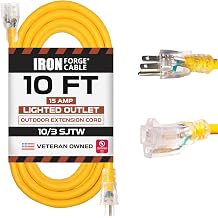 كابل تمديد خارجي من Iron Forge بطول 10 أقدام - سلك تمديد خارجي عالي التحمل مقاس 10، 15 أمبير، كابل طاقة أصفر مقاس 10/3 SJTW مقاوم للعوامل الجوية مع 3 أطراف