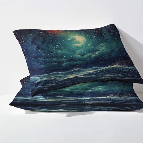 Miniatura 3 de Juego de sábanas con diseño de océano tamaño Queen, diseño de cielo estrellado y mar, 4 piezas, sábana bajera ajustable de microfibra suave con