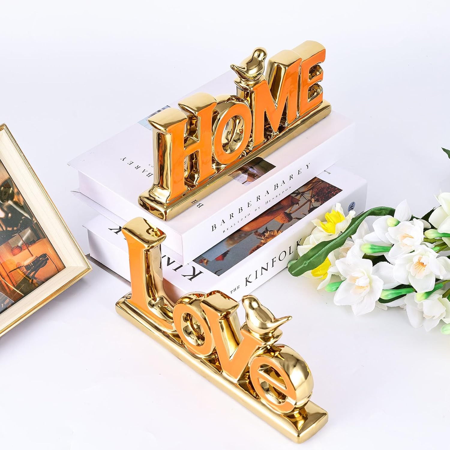 Love Sign Decoration,Orange and Gold Love Signs for Home Decor,Gold Bird Sculpture Personalized Love Decor,Gold Style Figurine Decorative Ornaments for Living Room,Bedroom,Cabinets (Love, Orange)