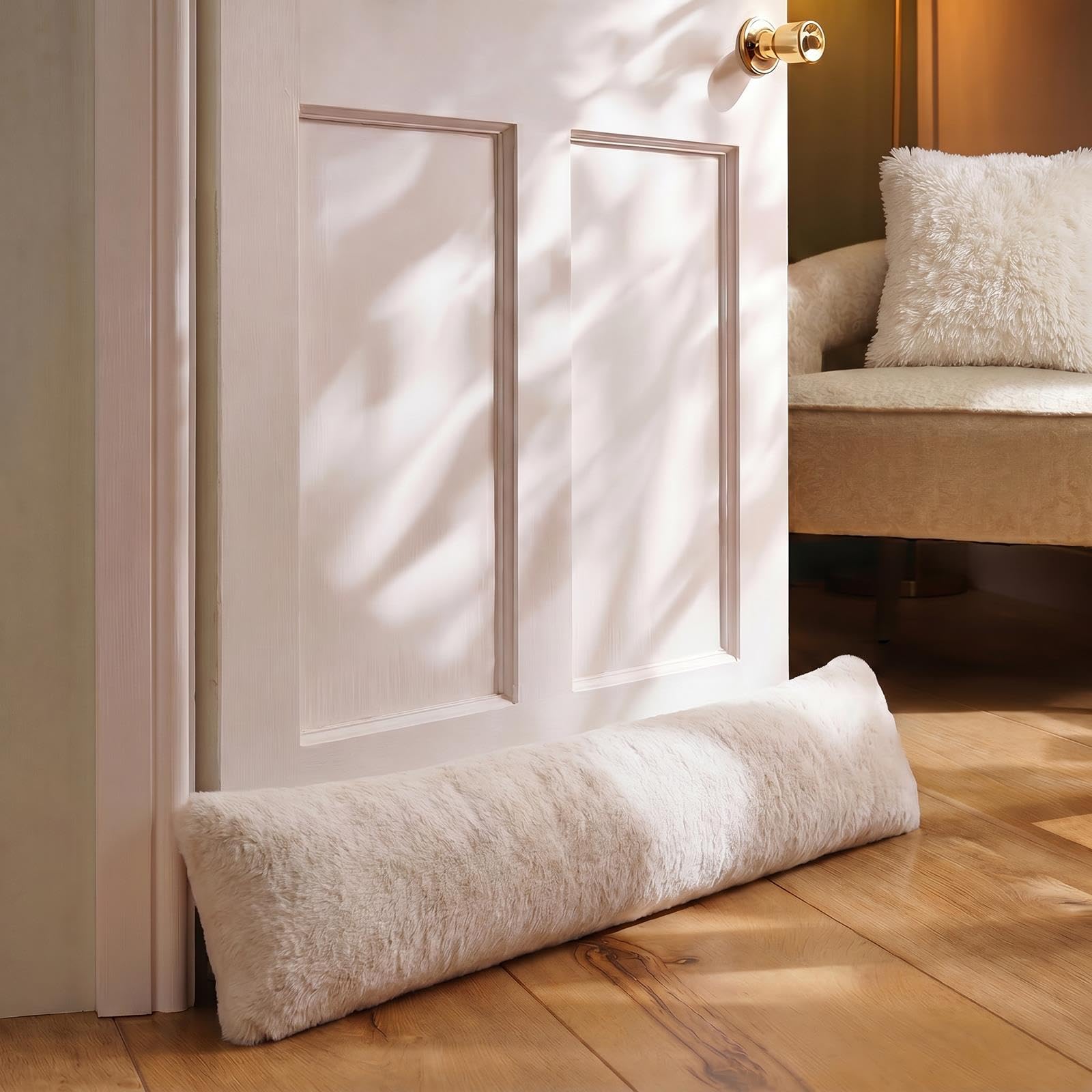 OHS Draught Excluder for Doors 90cm Faux Fur Cold Air Noise Blocker Natural