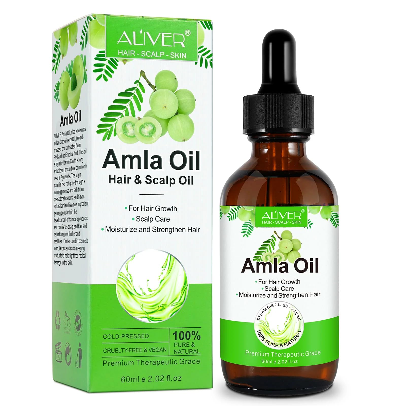 Amla Oil 60ml, 100% Pure Natural Organic Amla Hair & Scalp Oil, Cold Pressed Amlas Oils for Hair Growth, Moisturize Healthy and Strengthen Hairs, Nourishes Scalp Hairs Treatment Serum