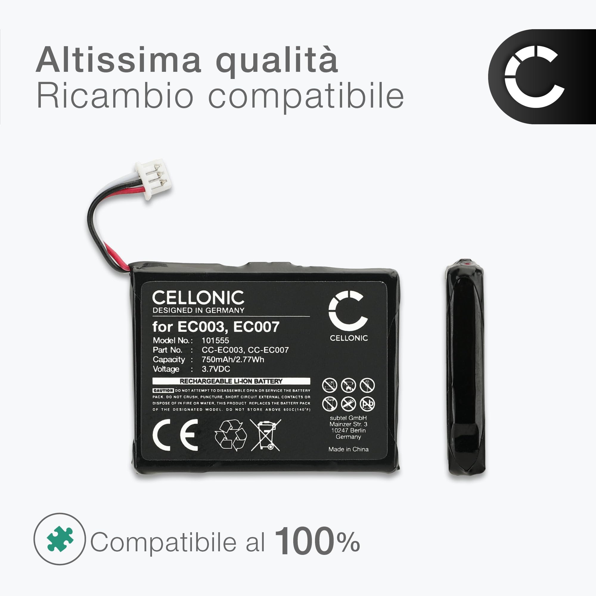 subtel, Batteria per Lettore MP3 compatibile con Apple iPod mini 1 Gen. - A1051, 2 -, EC003, 1G (3.7V, 750mAh)