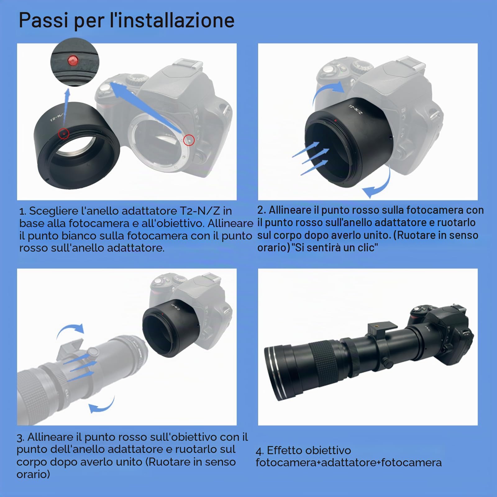 T2-Niko Z-Adattatore per obiettivo con filettatura T-Mount T2,compatibile con Nik Z7 e Z6 senza specchio,adattatore T2 to Niko Z Lens