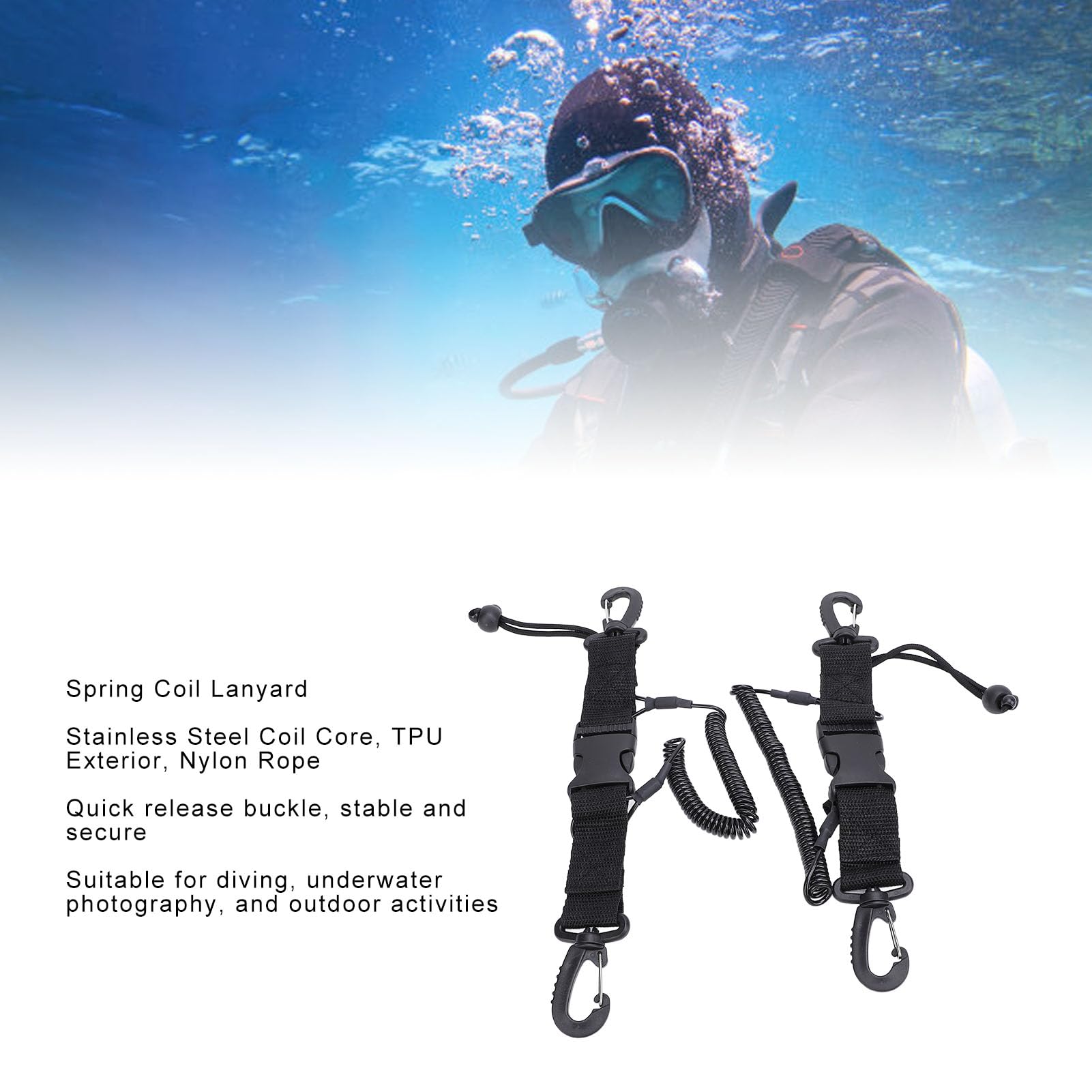 ZIZEV Scuba Diving Lanyard, 2 Pack Stainless Steel Diving Spring Coiled Lanyard Clip with Webbing Strap Quick Release Buckle, Great for Scuba Diving, Flashlights, Cameras