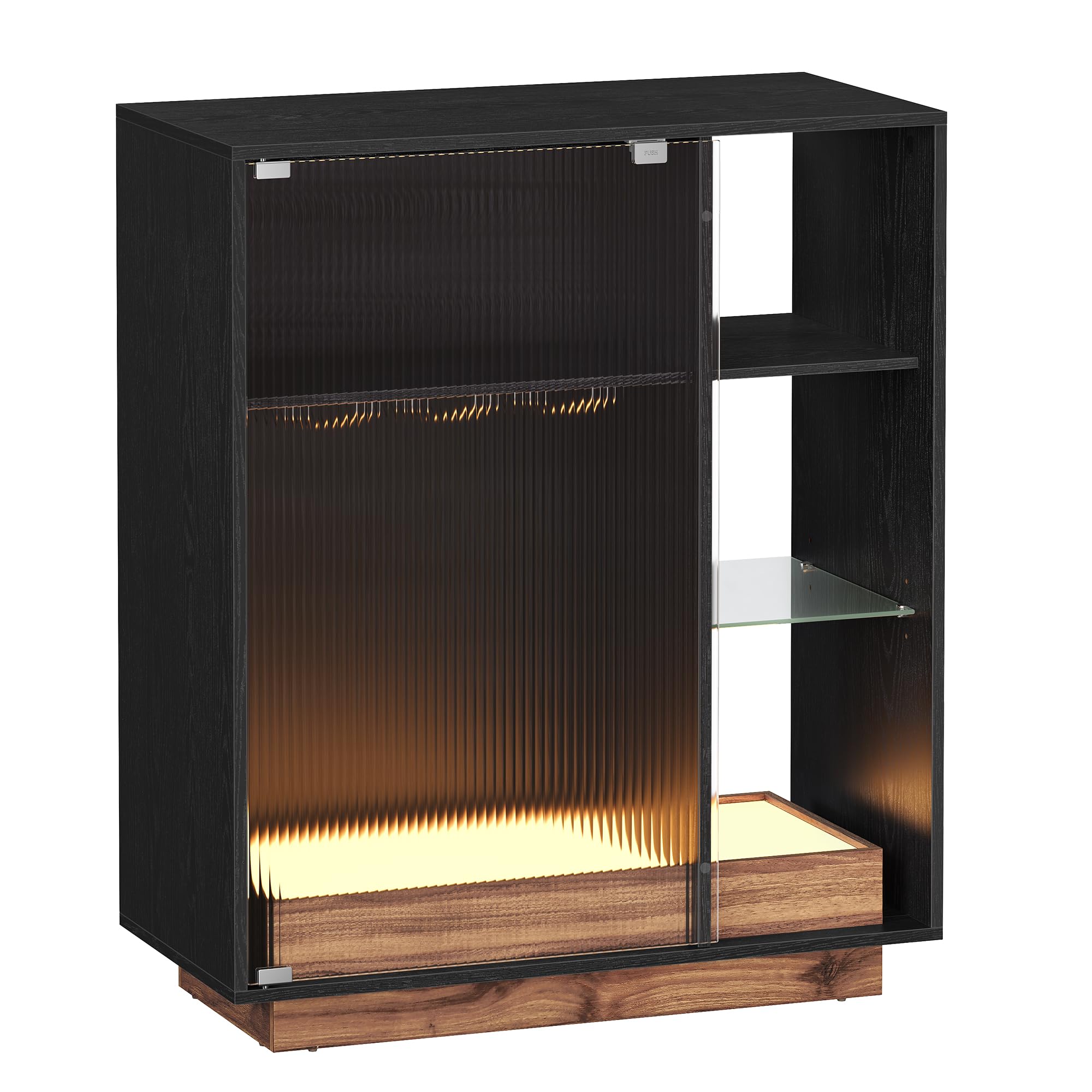 VASAGLE Mobiletto Bar con Illuminazione, Credenza con Luce LED e Spazio per Vino, Angolo Bar per Liquore, con Porta Calici, Anta in Vetro Scanalato, per Salotto, Nero Ebano BBK361B21