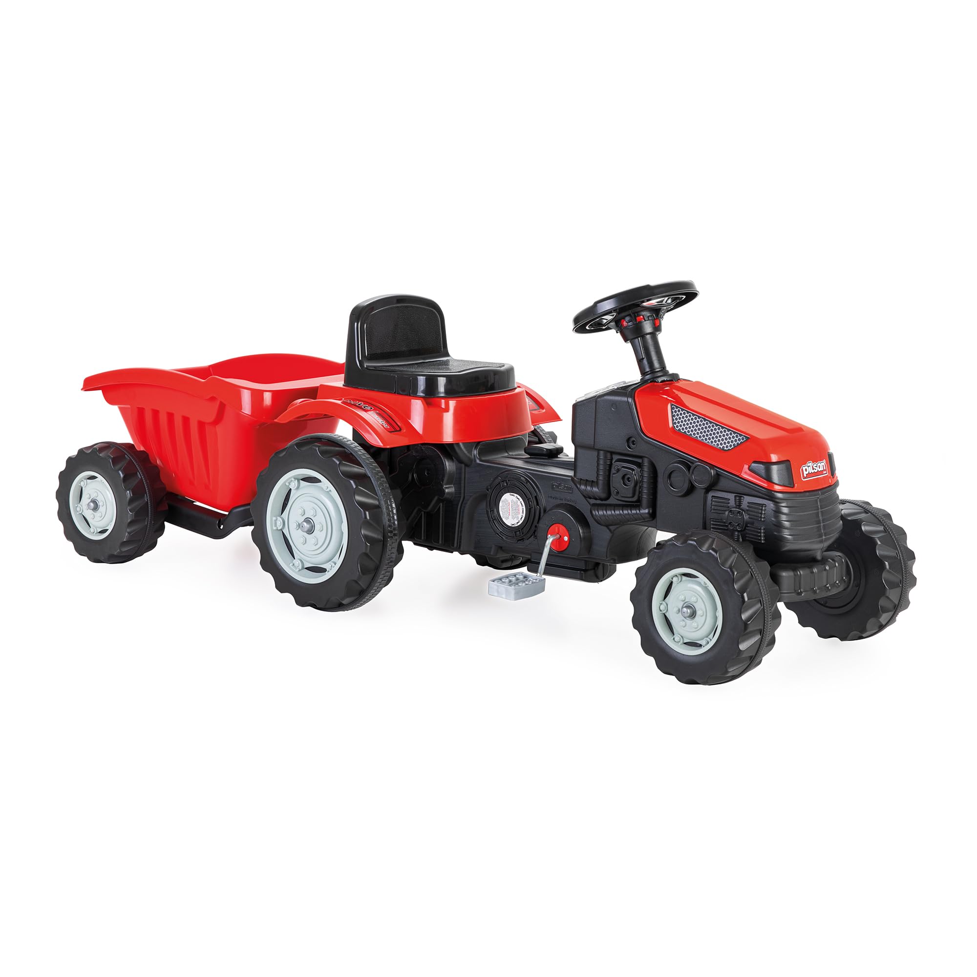 Lemodo Trettraktor rot ab 3 Jahre, Kindertraktor mit Anhänger, Verstellbarer Sitz, Kettenantrieb, Hupe, Traktor zum Draufsitzen für Garten & Hof, Kinderfahrzeug (rot mit Anhänger)