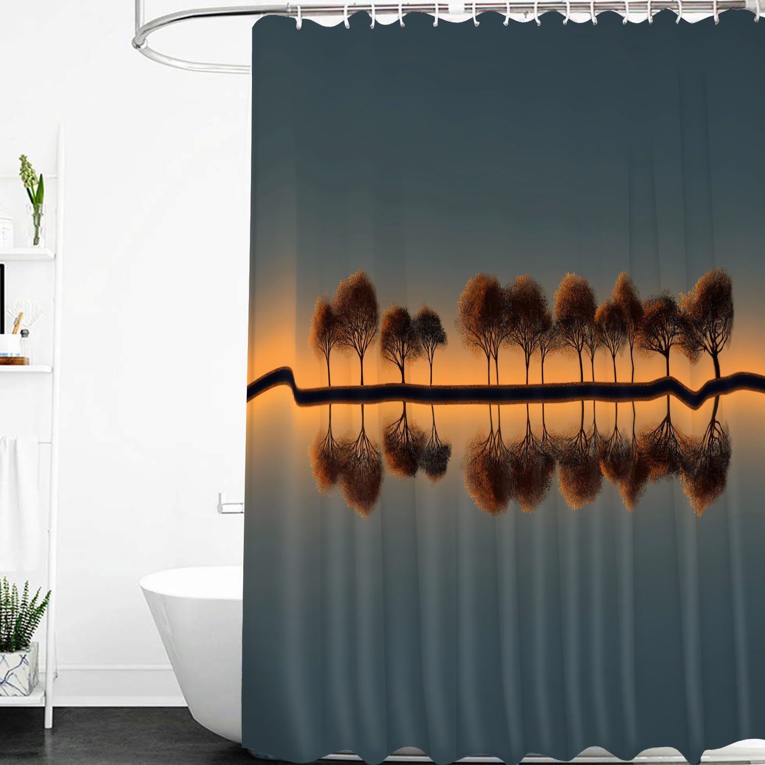 Cortina de Ducha con Paisaje Otoñal,Cielo Crepuscular Degradado con Siluetas de Árboles Dorados,con Ganchos de Plástico,Lavable a Máquina y Secado Rápido,Ideal para La Decoración de La Bañera