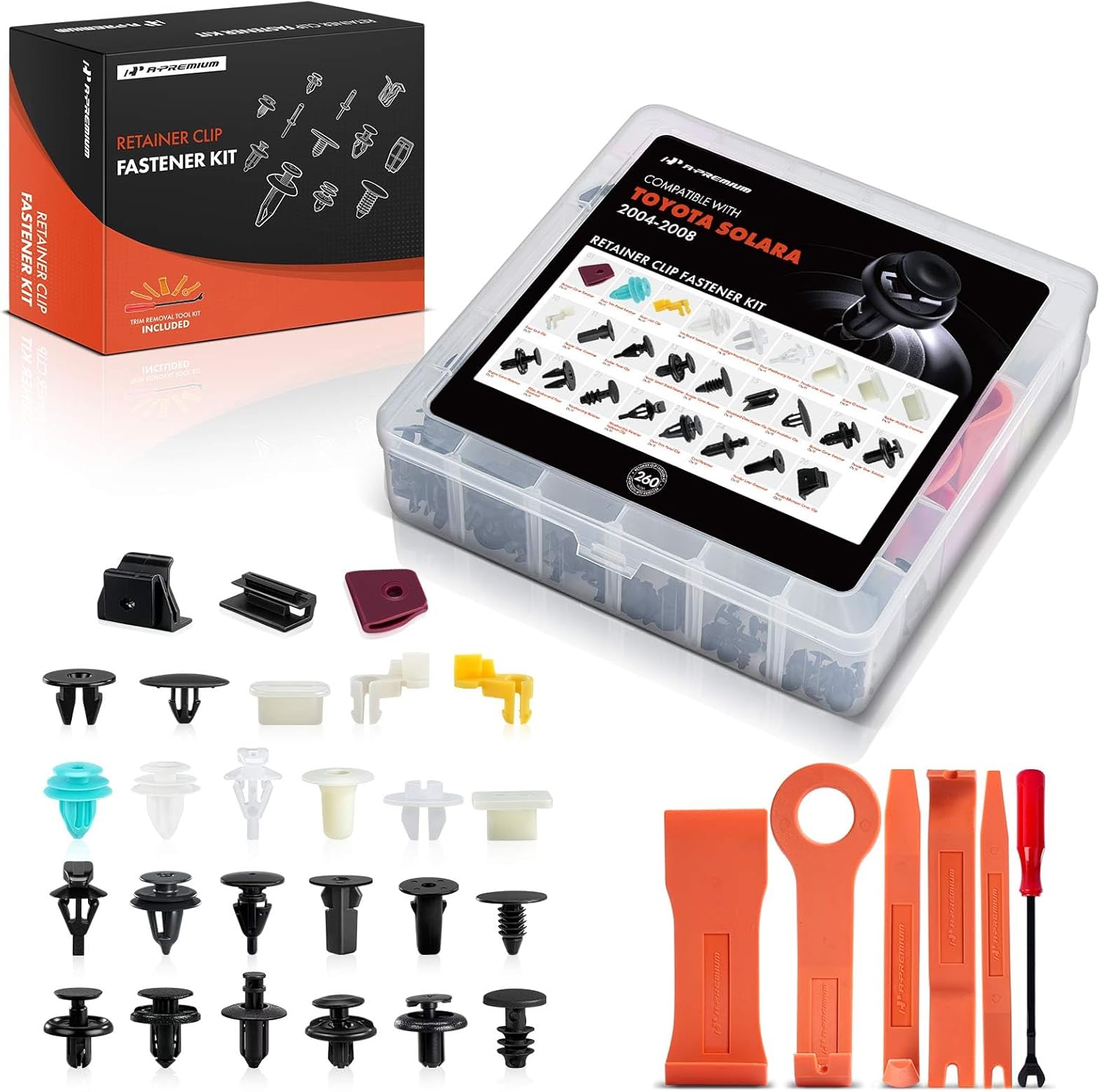 A-Premium 26 Sizes 47.84oz Bumper Fender Hood Retainer Clips Kit Compatible with Toyota Solara 04-08 Door Trim Weatherstrip Liner Car 260PCS Plastic Rivets Fasteners Push Retainer Kit, w/Removal Tool