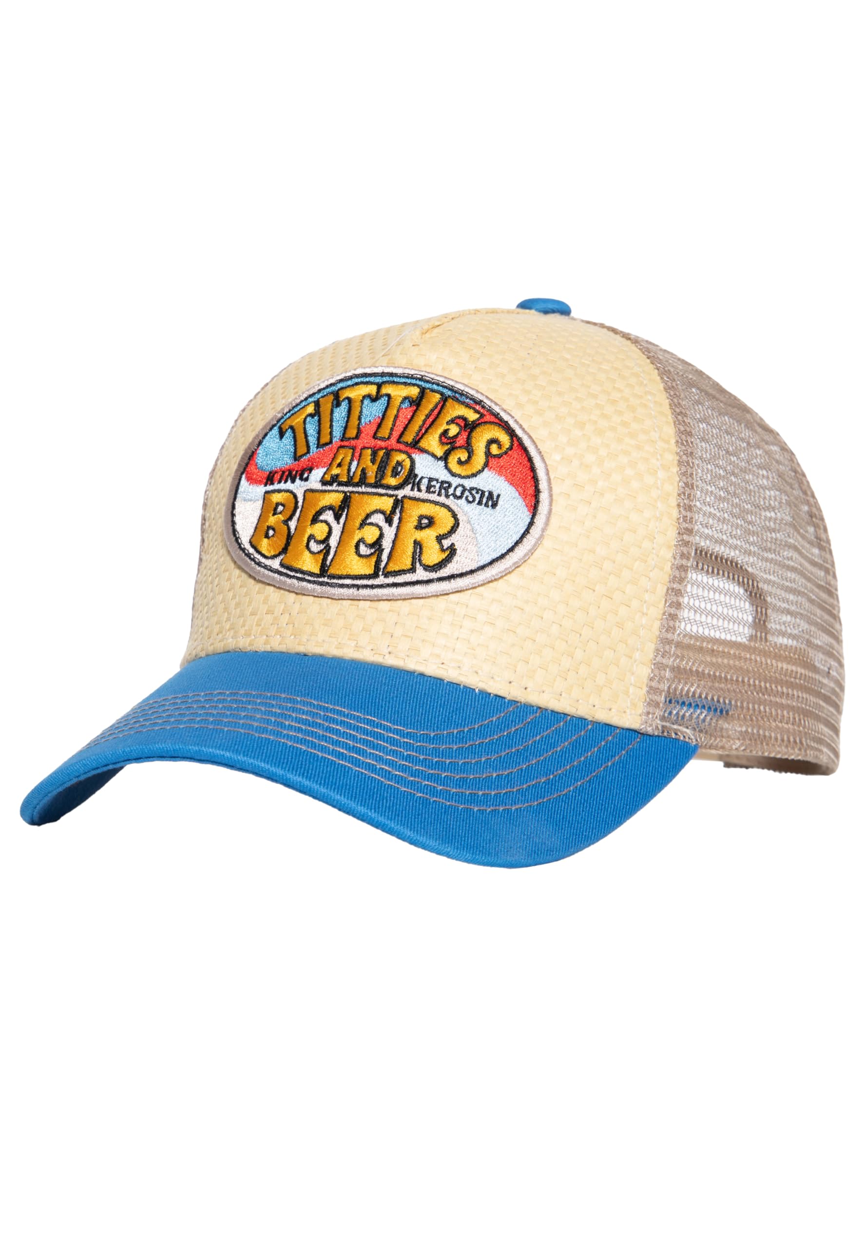 King Kerosin Men's Trucker Cap | Straw | Cap | Beer | Summer | Vintage | 70S | Mesh | Hawaii | Patch Titties & Beer, beige, One Size