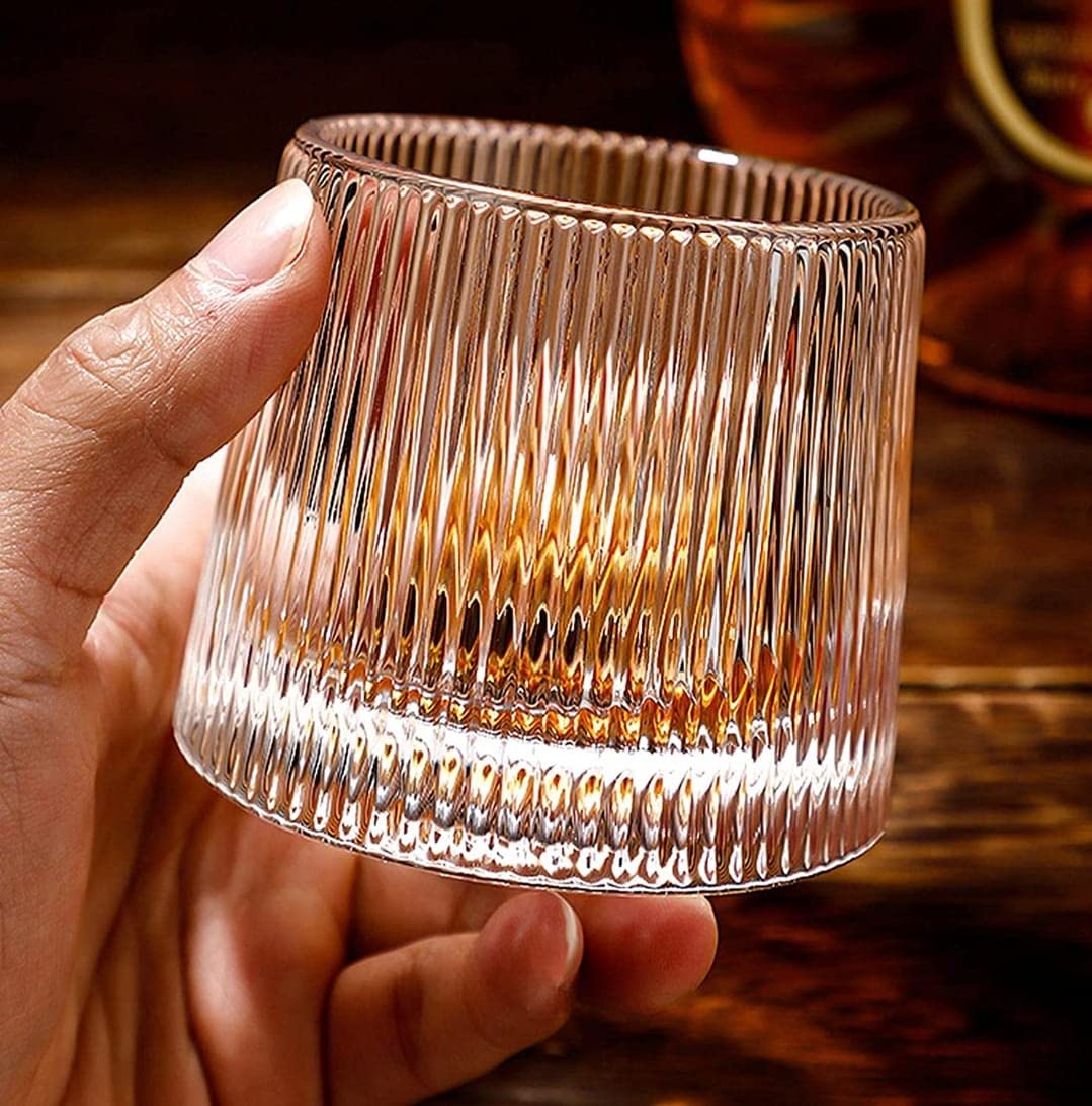 M J CREATION Dancing Whiskey Glass with Rotable Bottom, Spinning Glasses Bar Glass for Drinking,Whisky, Scotch, Cocktails 200 ml Pack of (6)